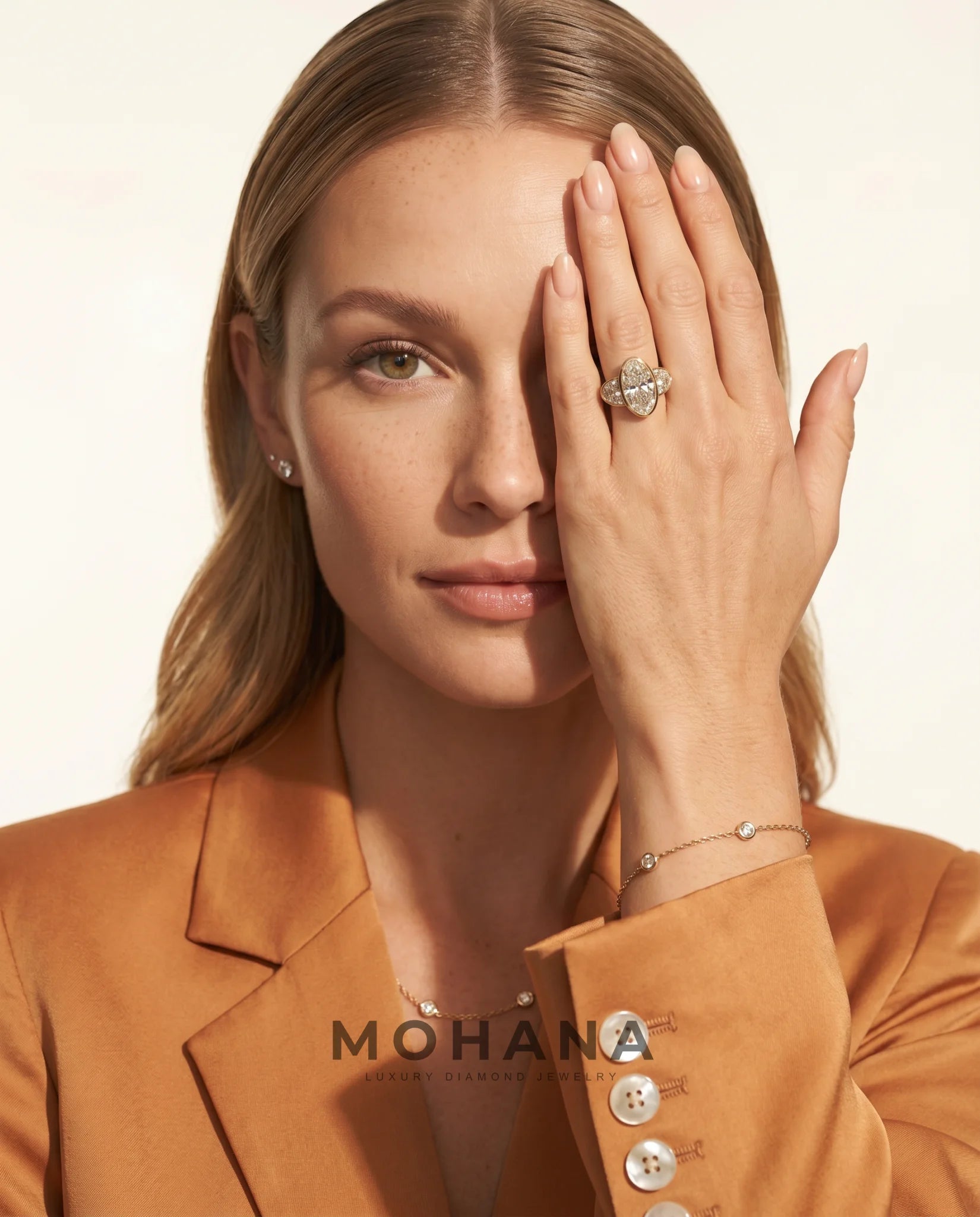 Ready to Ship 3.5 Carat Colorless Elongated Oval Three-Stone Half-Moon Yellow Gold Diamond Ring — view 13