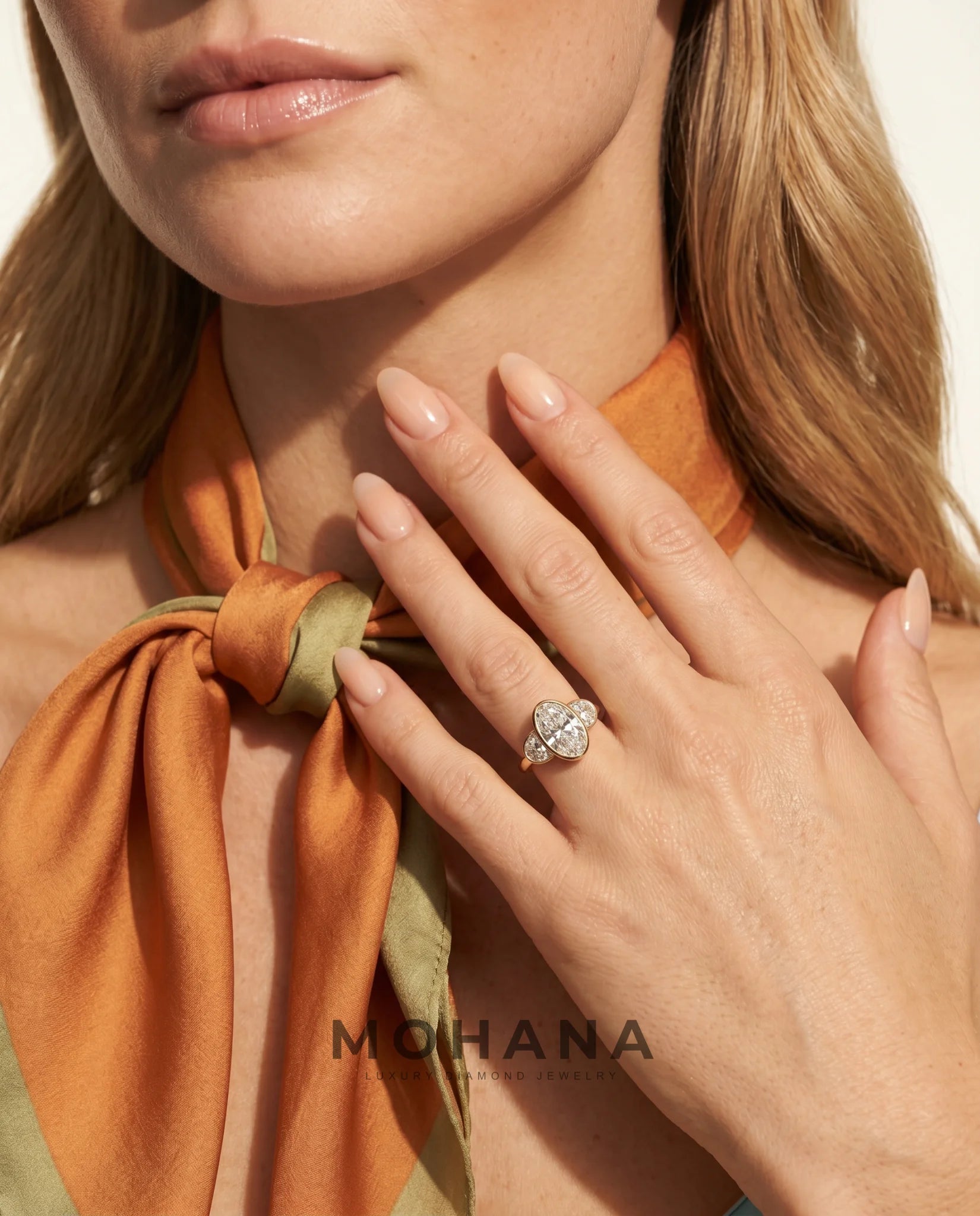 Ready to Ship 3.5 Carat Colorless Elongated Oval Three-Stone Half-Moon Yellow Gold Diamond Ring — view 14