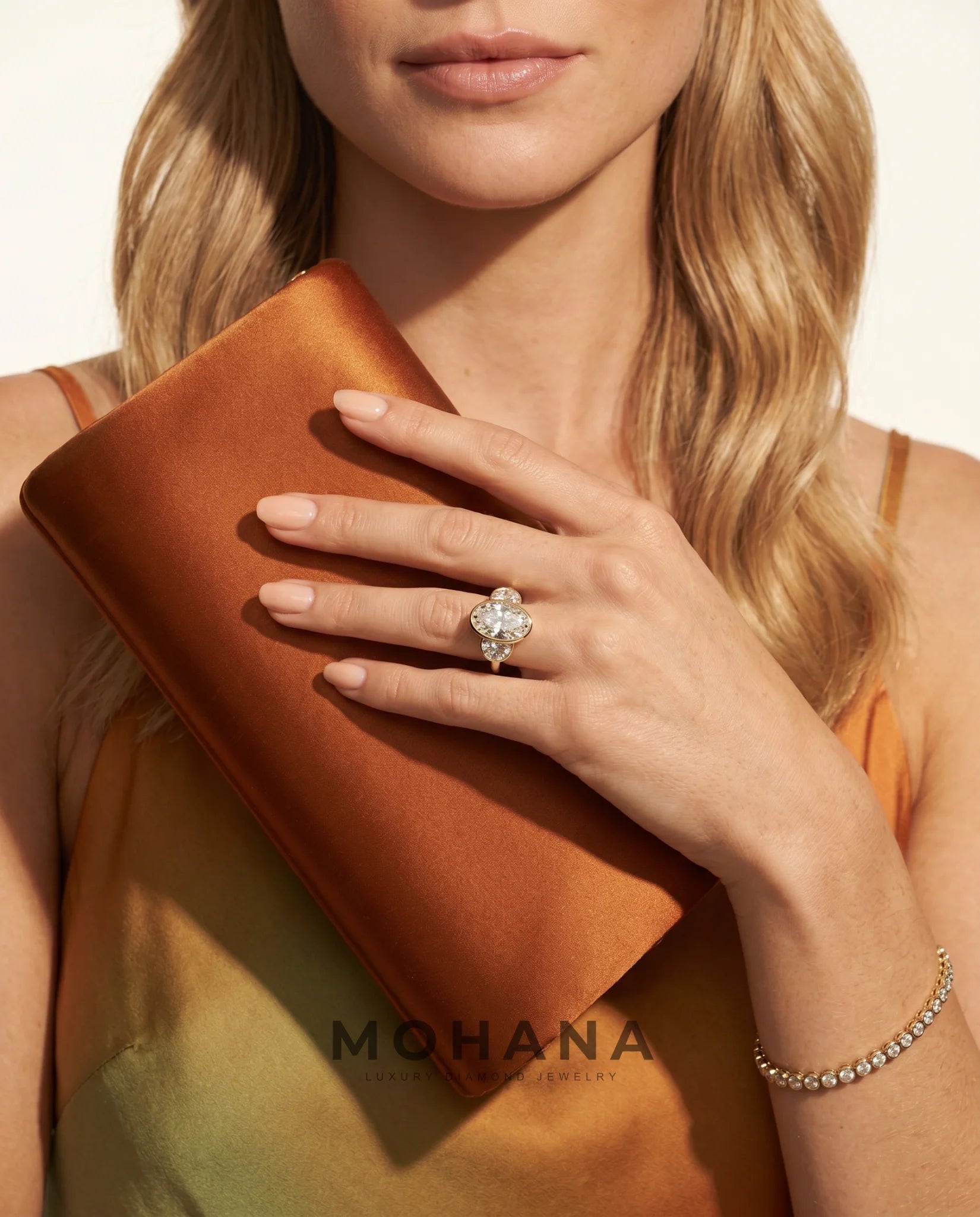 Ready to Ship 3.5 Carat Colorless Elongated Oval Three-Stone Half-Moon Yellow Gold Diamond Ring — view 16