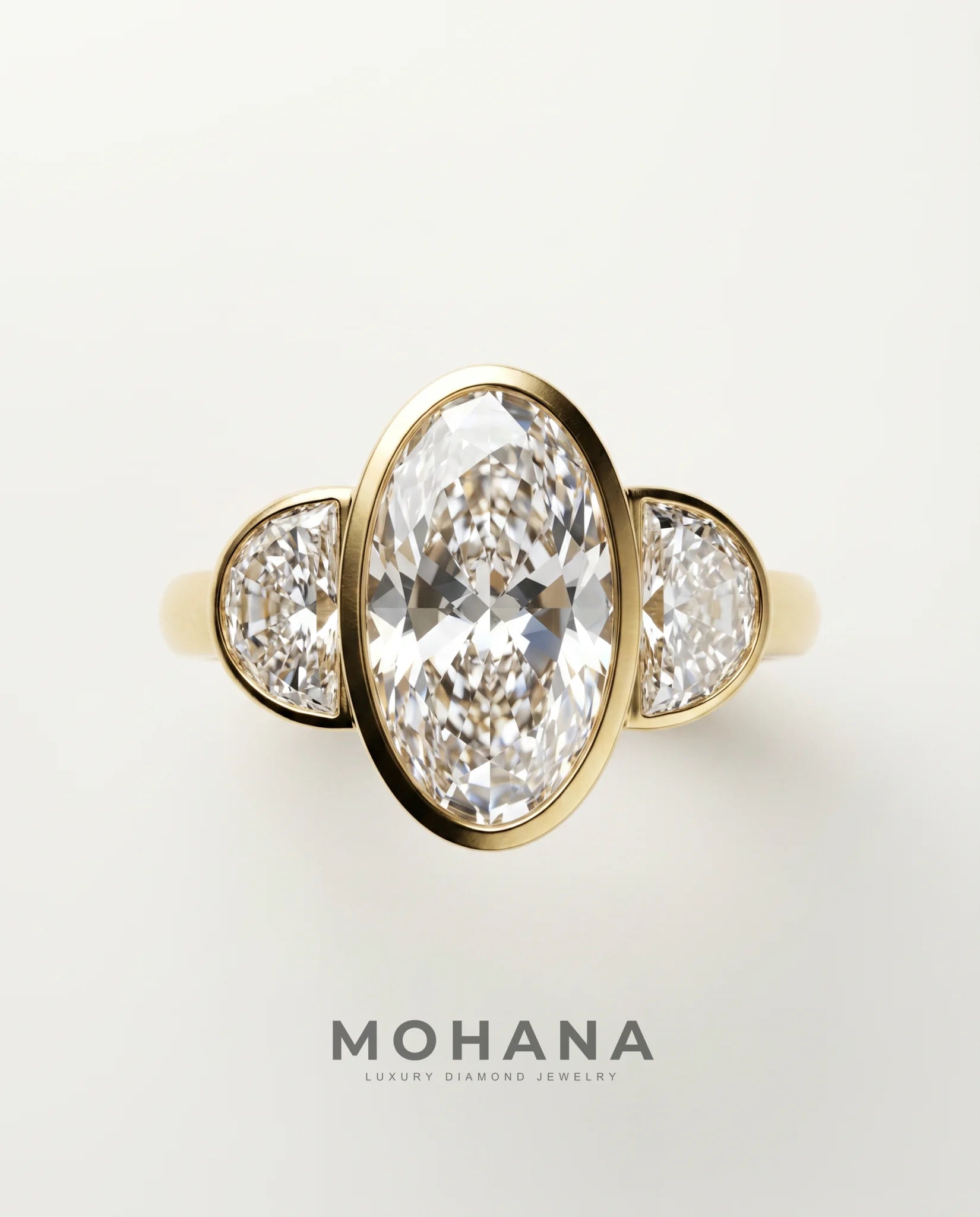 Ready to Ship 3.5 Carat Colorless Elongated Oval Three-Stone Half-Moon Yellow Gold Diamond Ring — view 2