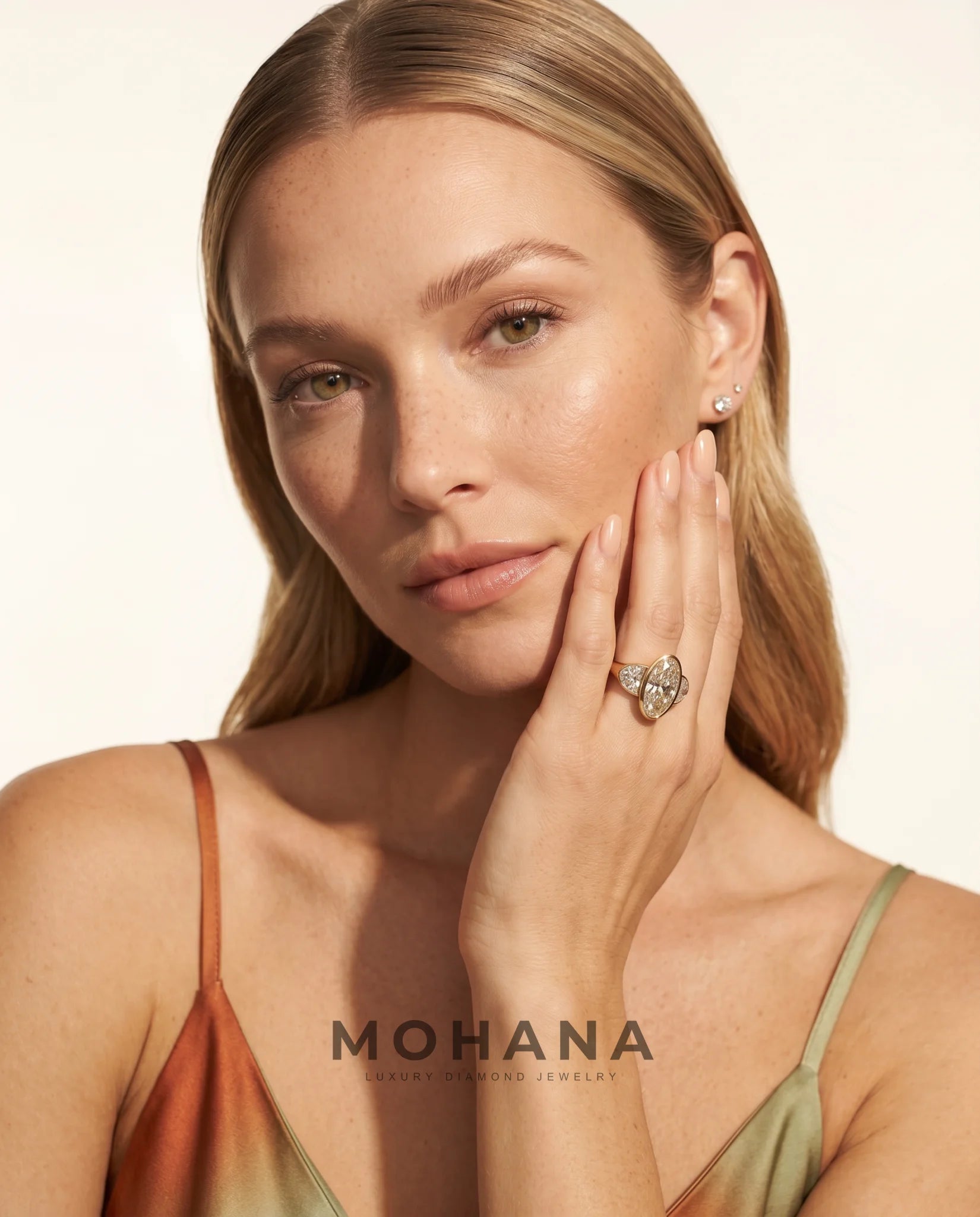 Ready to Ship 3.5 Carat Colorless Elongated Oval Three-Stone Half-Moon Yellow Gold Diamond Ring — view 10