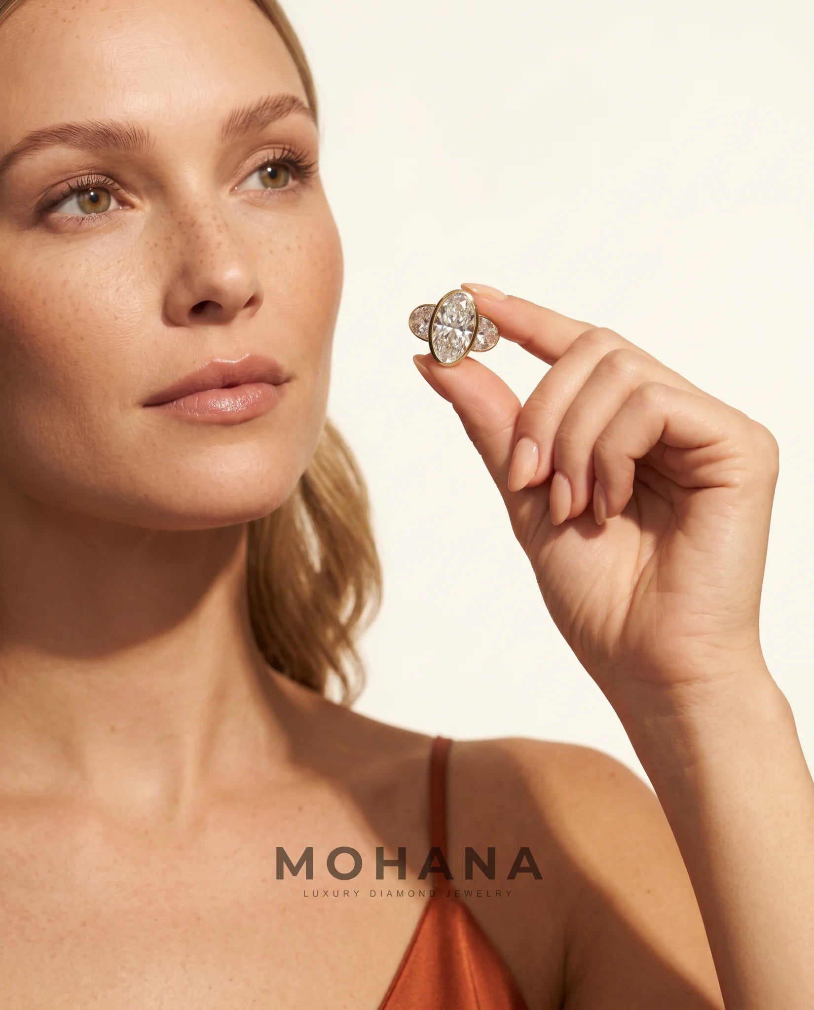 Ready to Ship 3.5 Carat Colorless Elongated Oval Three-Stone Half-Moon Yellow Gold Diamond Ring — view 9