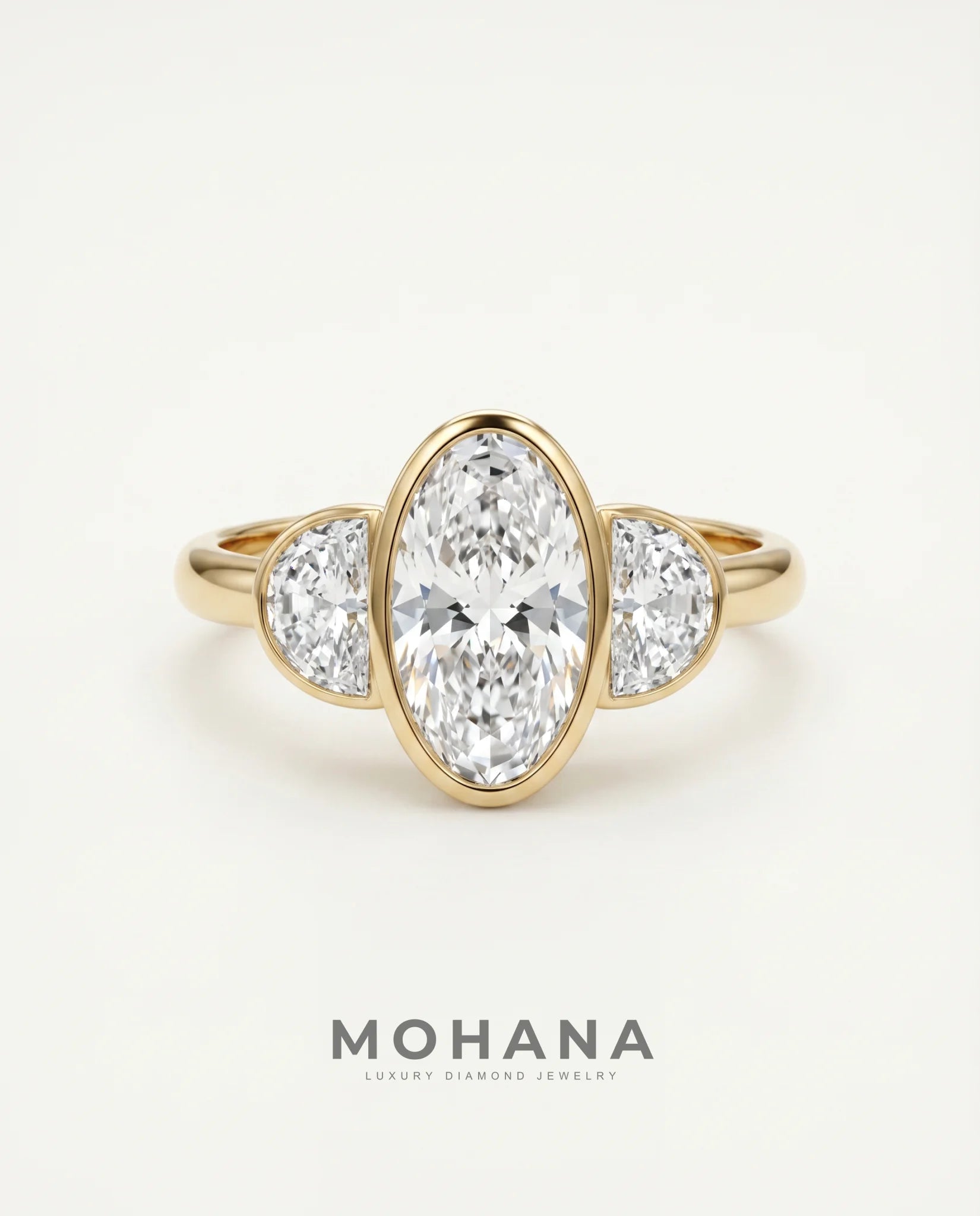 Ready to Ship 3.5 Carat Colorless Elongated Oval Three-Stone Half-Moon Yellow Gold Diamond Ring — view 5