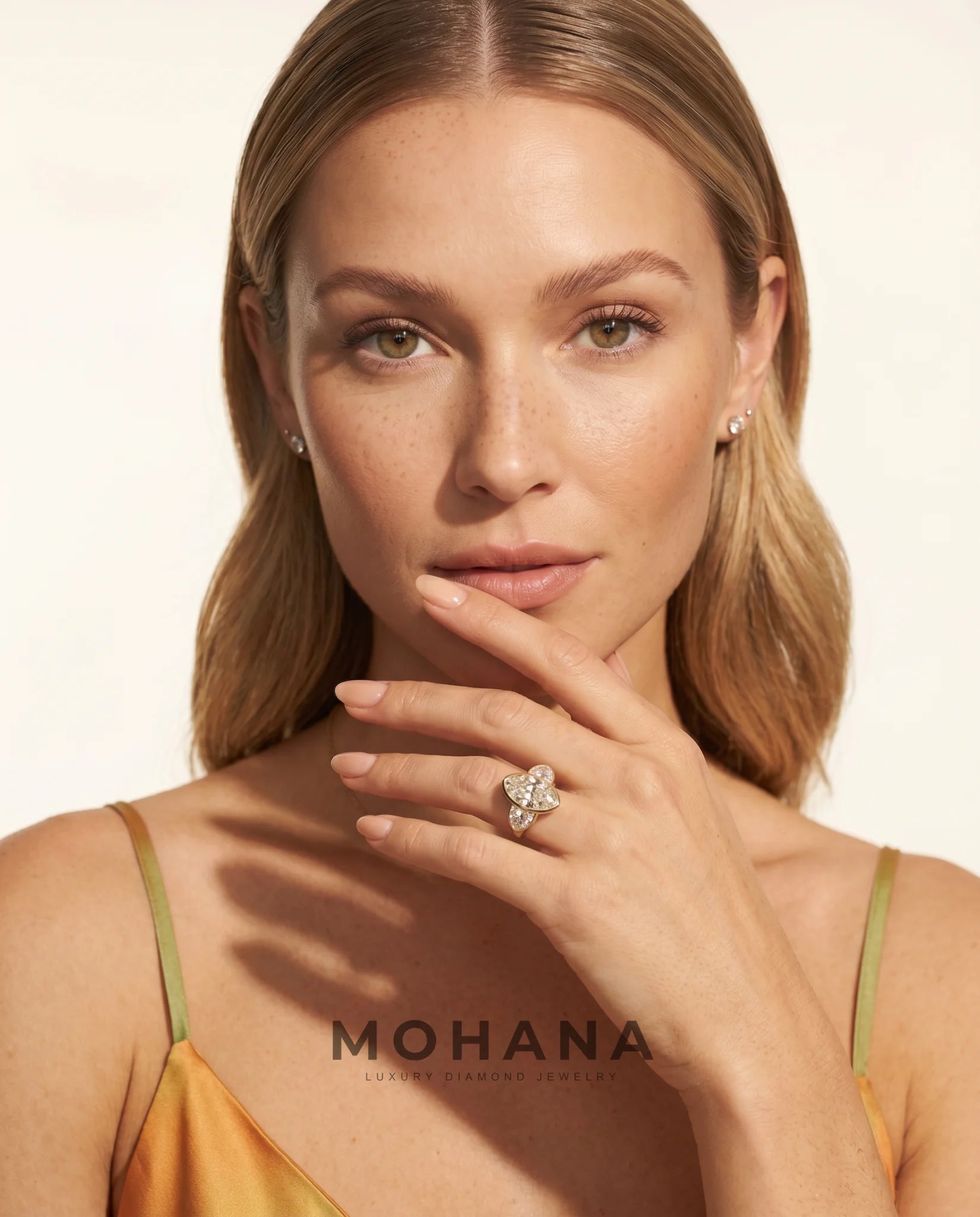 Ready to Ship 3.5 Carat Colorless Elongated Oval Three-Stone Half-Moon Yellow Gold Diamond Ring — view 12