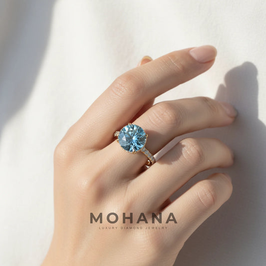 3.5 Carat Fancy Blue Round Cut Lab Grown Diamond Ring - Halo & Pave Setting Wedding Ring