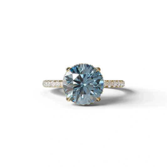 3.5 Carat Blue Round Cut Lab Diamond Ring - Halo & Pave Setting Wedding Ring - 10K Solid Gold / Yellow Gold