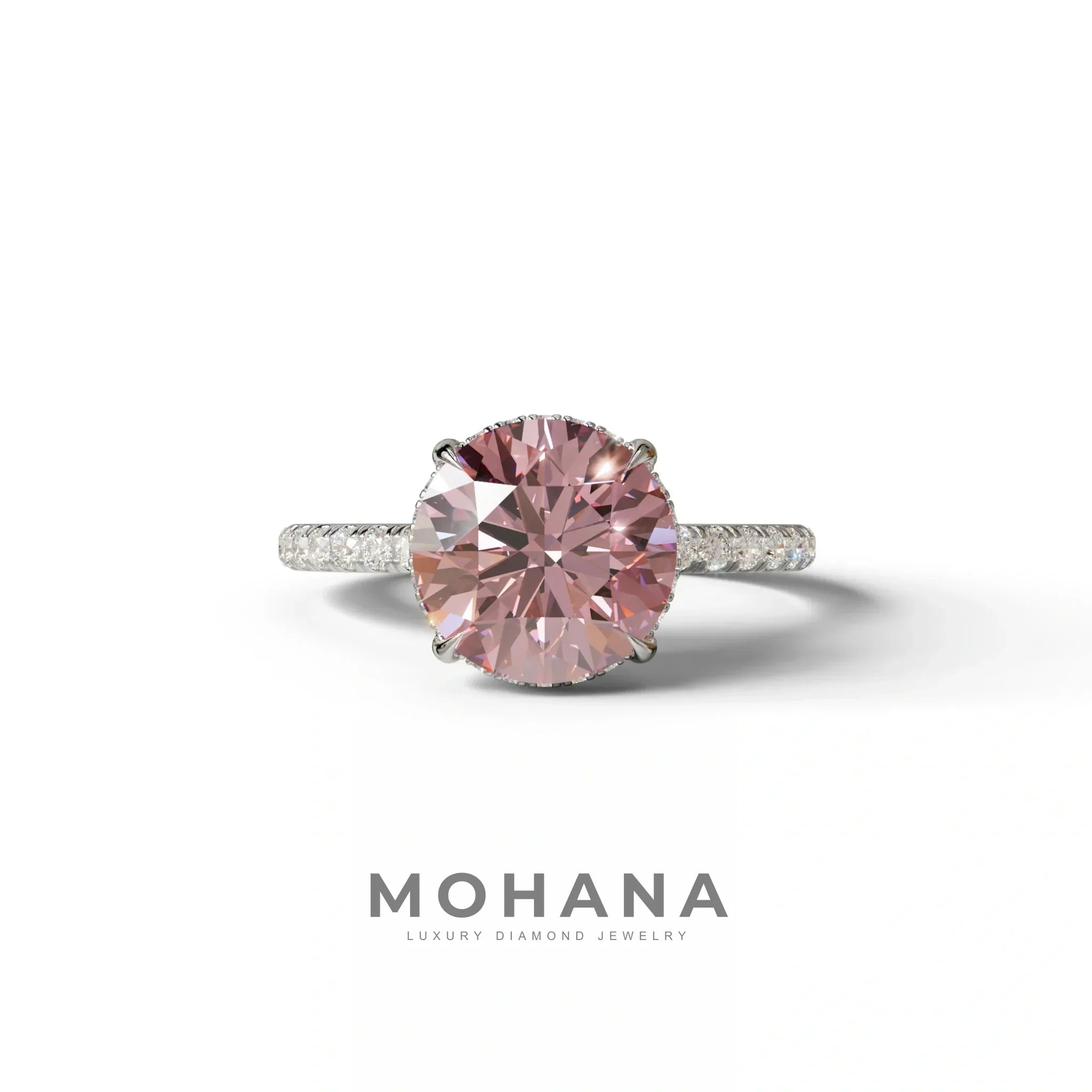 3.5 Carat Pink Round Cut Lab Diamond Ring - Halo & Pave Setting Wedding Ring - 10K Solid Gold / White Gold