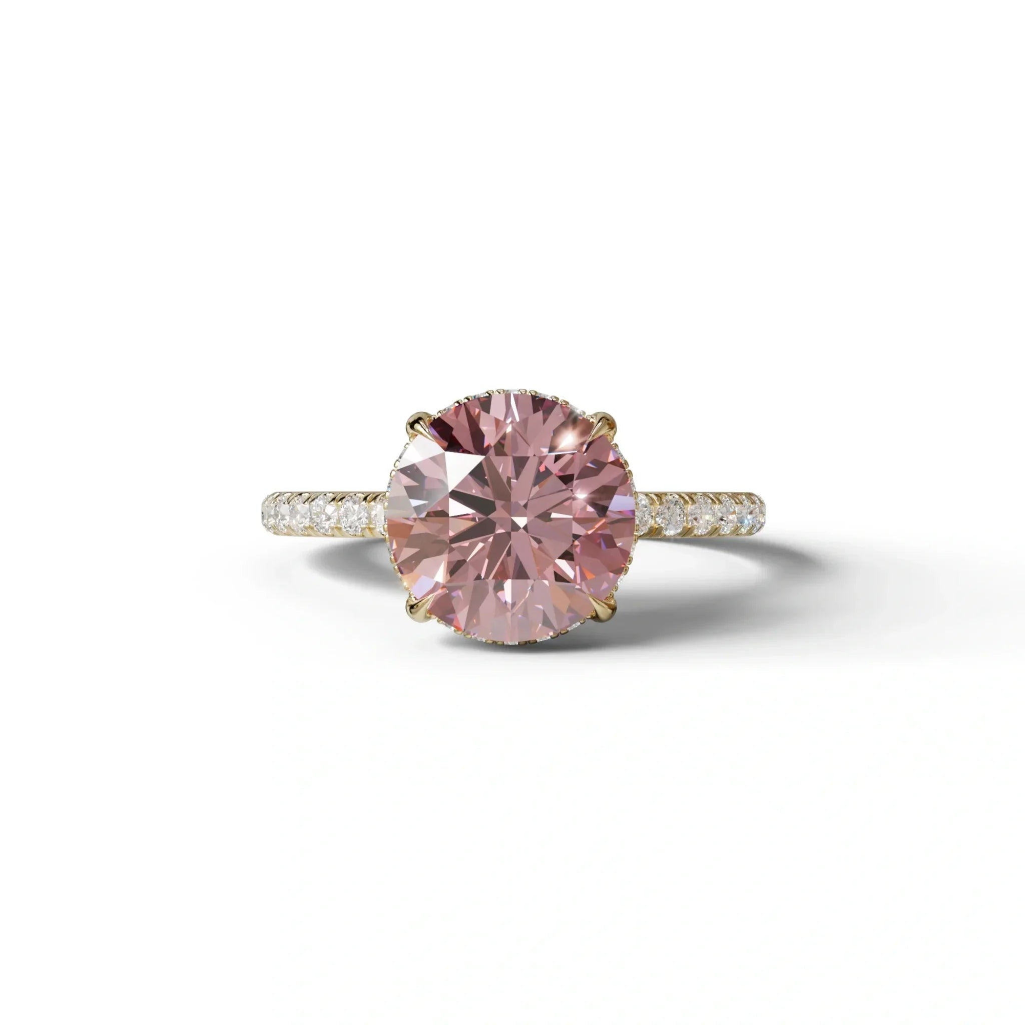 3.5 Carat Pink Round Cut Lab Diamond Ring - Halo & Pave Setting Wedding Ring - 10K Solid Gold / Yellow Gold