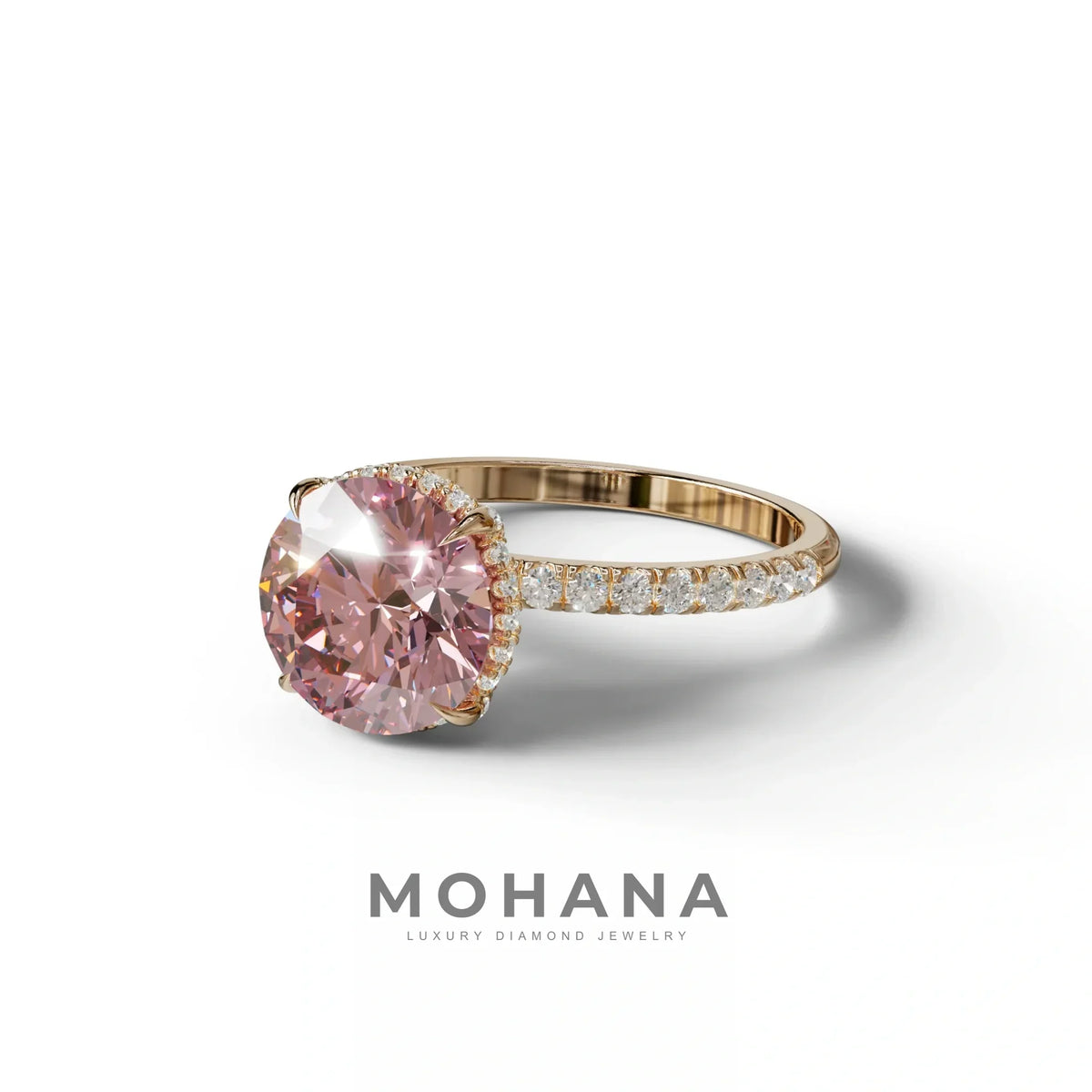 3.5 Carat Pink Round Cut Lab Diamond Ring - Halo & Pave Setting Wedding Ring
