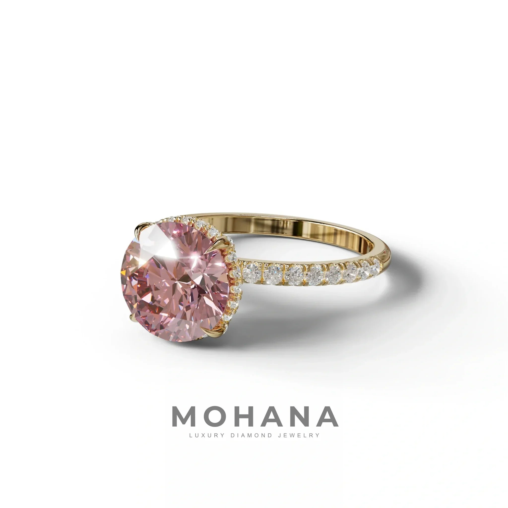 3.5 Carat Pink Round Cut Lab Diamond Ring - Halo & Pave Setting Wedding Ring