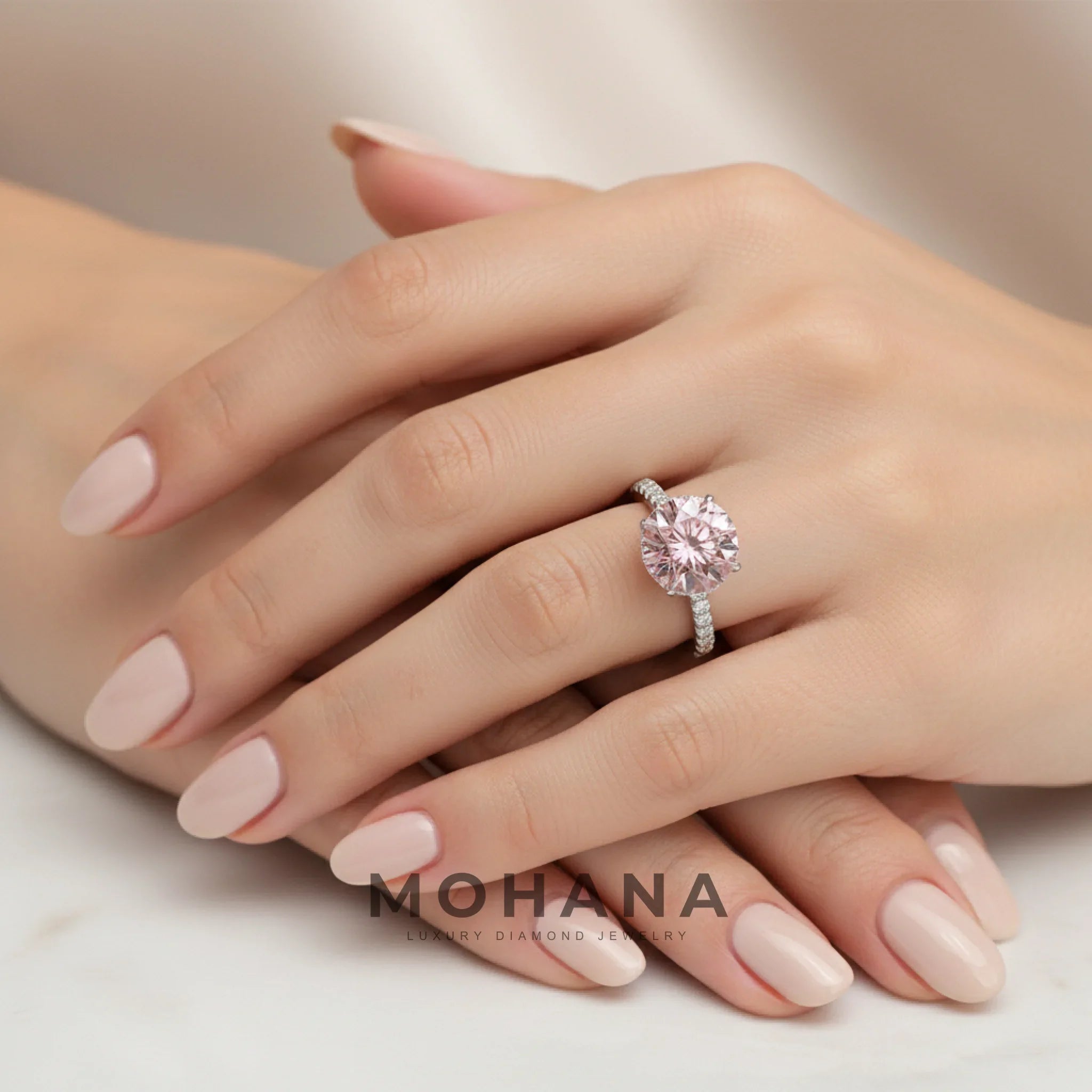 3.5 Carat Fancy Pink Round Cut Lab Grown Diamond Ring - Halo & Pave Setting Wedding Ring