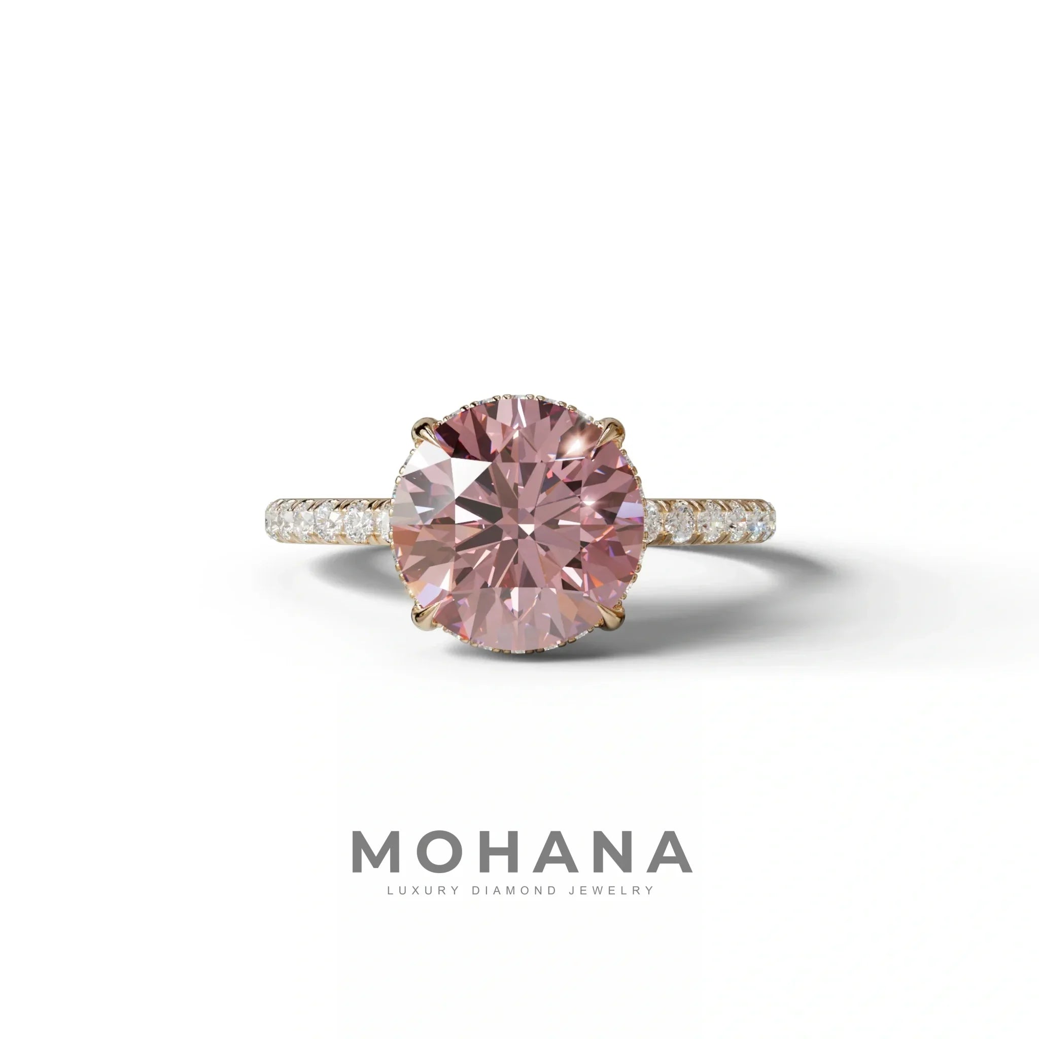 3.5 Carat Pink Round Cut Lab Diamond Ring - Halo & Pave Setting Wedding Ring - 10K Solid Gold / Rose Gold