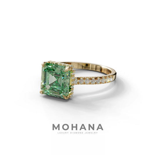 3.5 Carat Green Asscher‑Cut Lab Diamond Engagement Ring with Halo and Pavé Accents