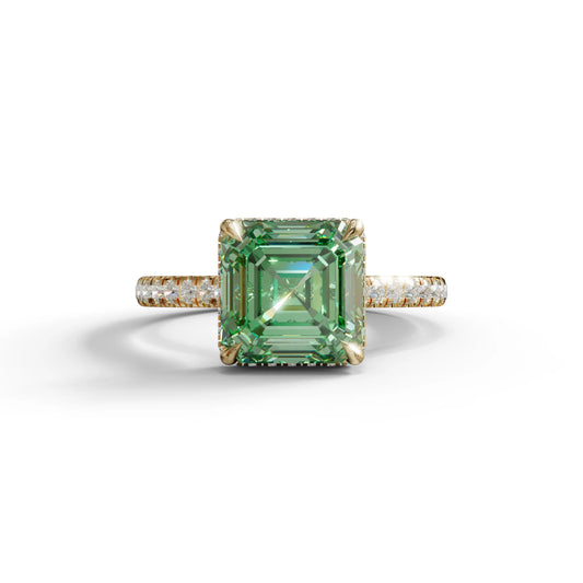 3.5 Carat Green Asscher‑Cut Lab Diamond Engagement Ring with Halo and Pavé Accents - 10K Solid Gold / Yellow Gold