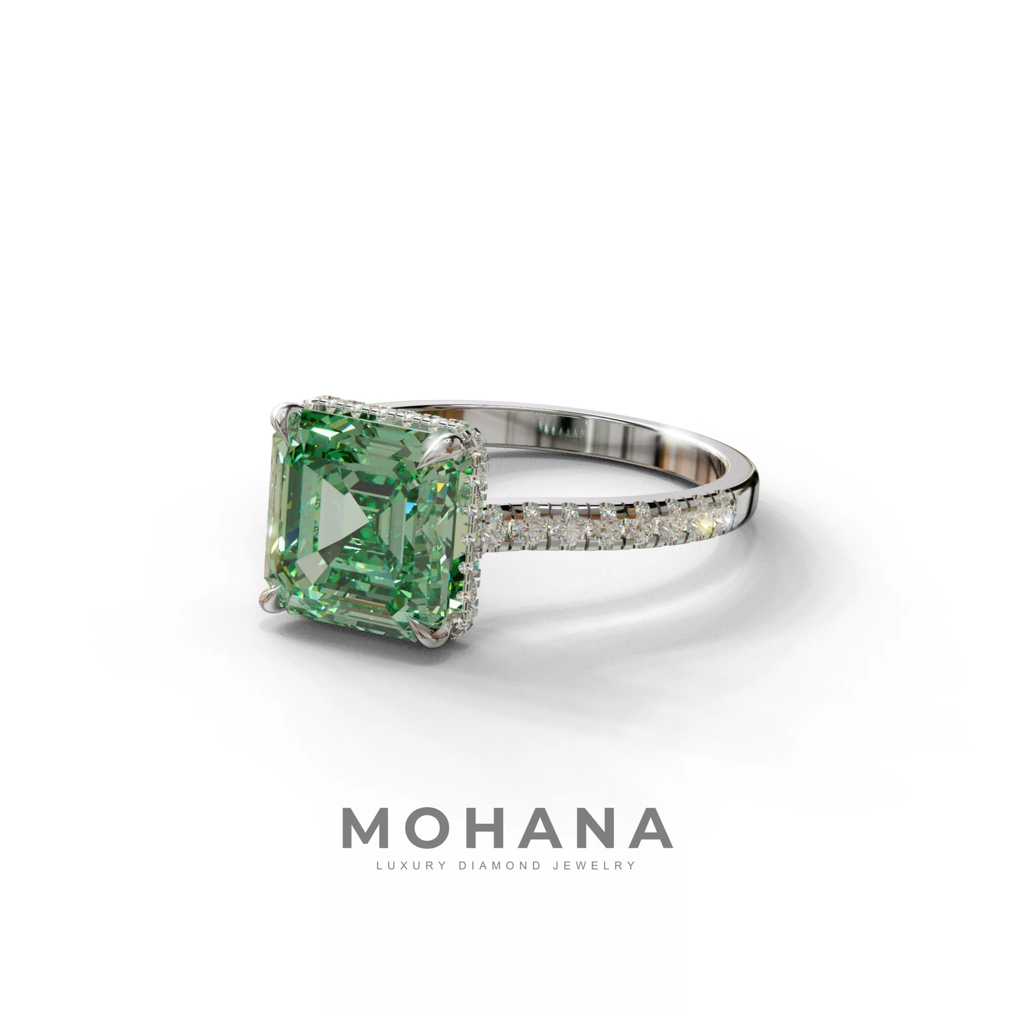 3.5 Carat Green Asscher‑Cut Lab Diamond Engagement Ring with Halo and Pavé Accents