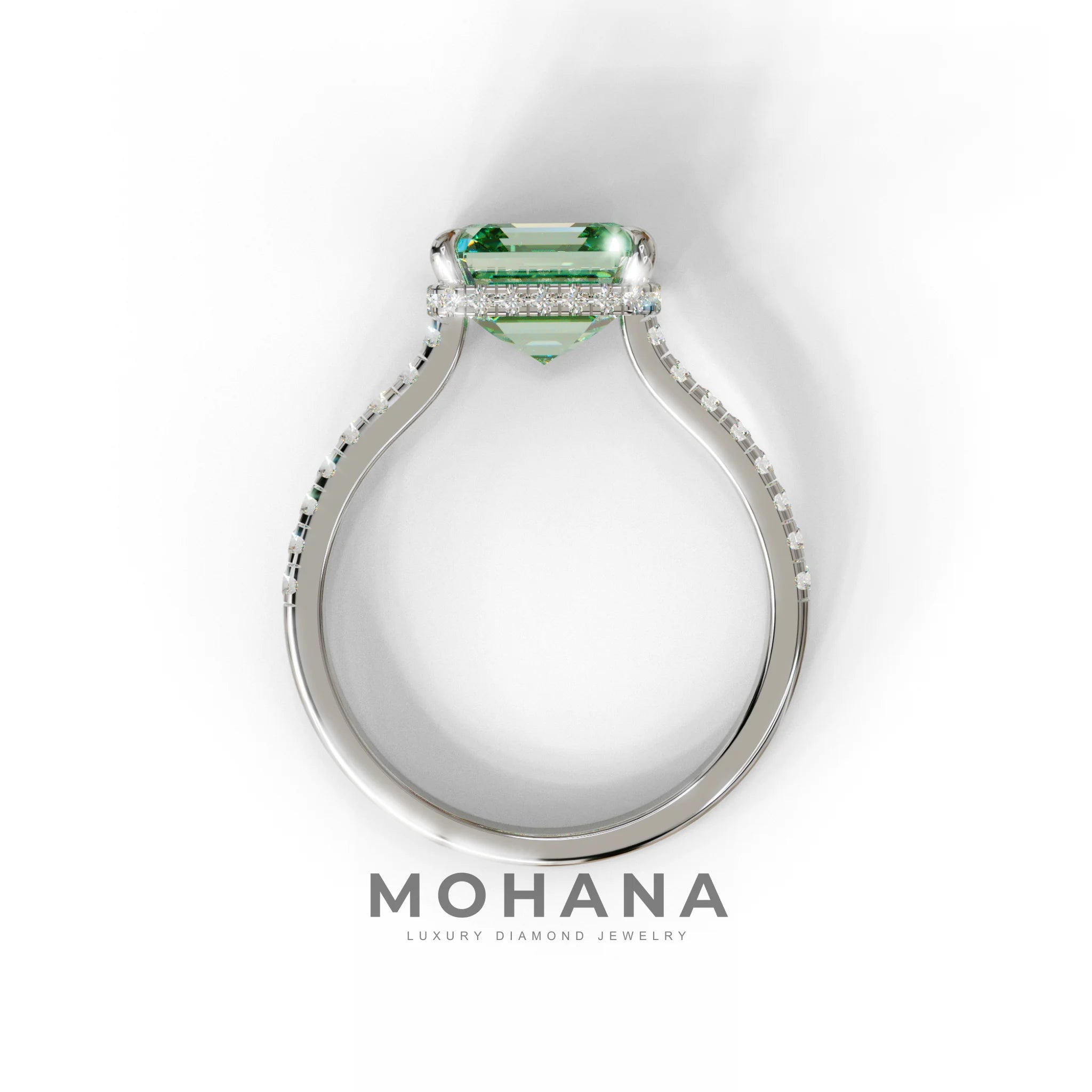 3.5 Carat Green Asscher‑Cut Lab Diamond Engagement Ring with Halo and Pavé Accents