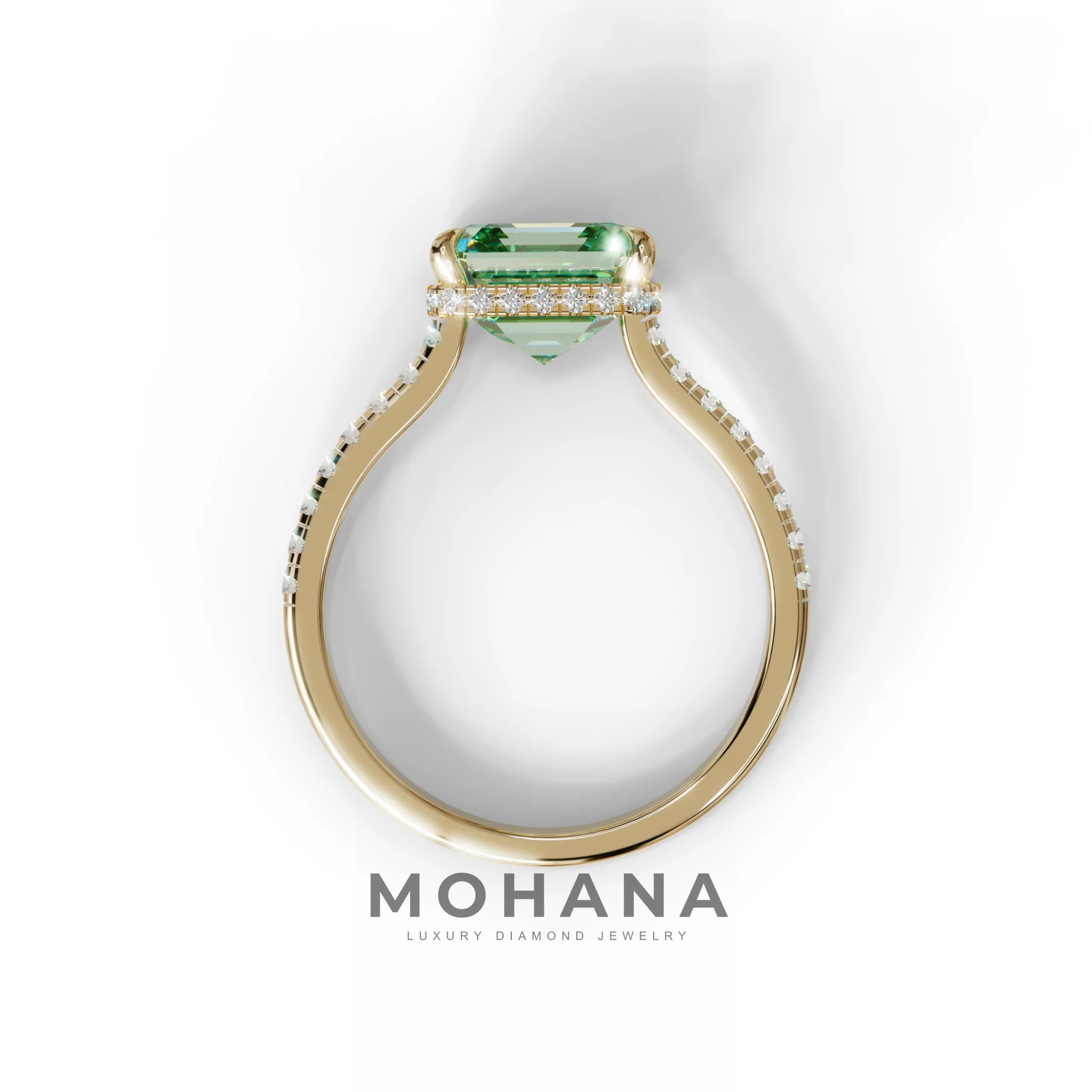 3.5 Carat Green Asscher‑Cut Lab Diamond Engagement Ring with Halo and Pavé Accents
