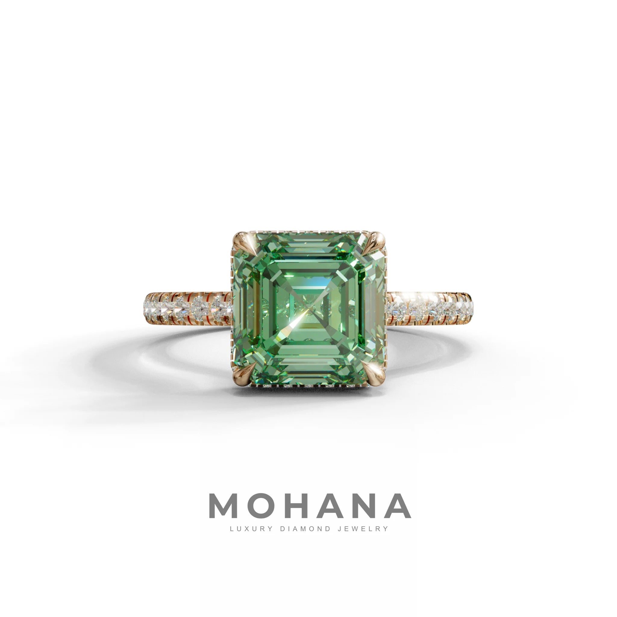 3.5 Carat Green Asscher‑Cut Lab Diamond Engagement Ring with Halo and Pavé Accents - 10K Solid Gold / Rose Gold