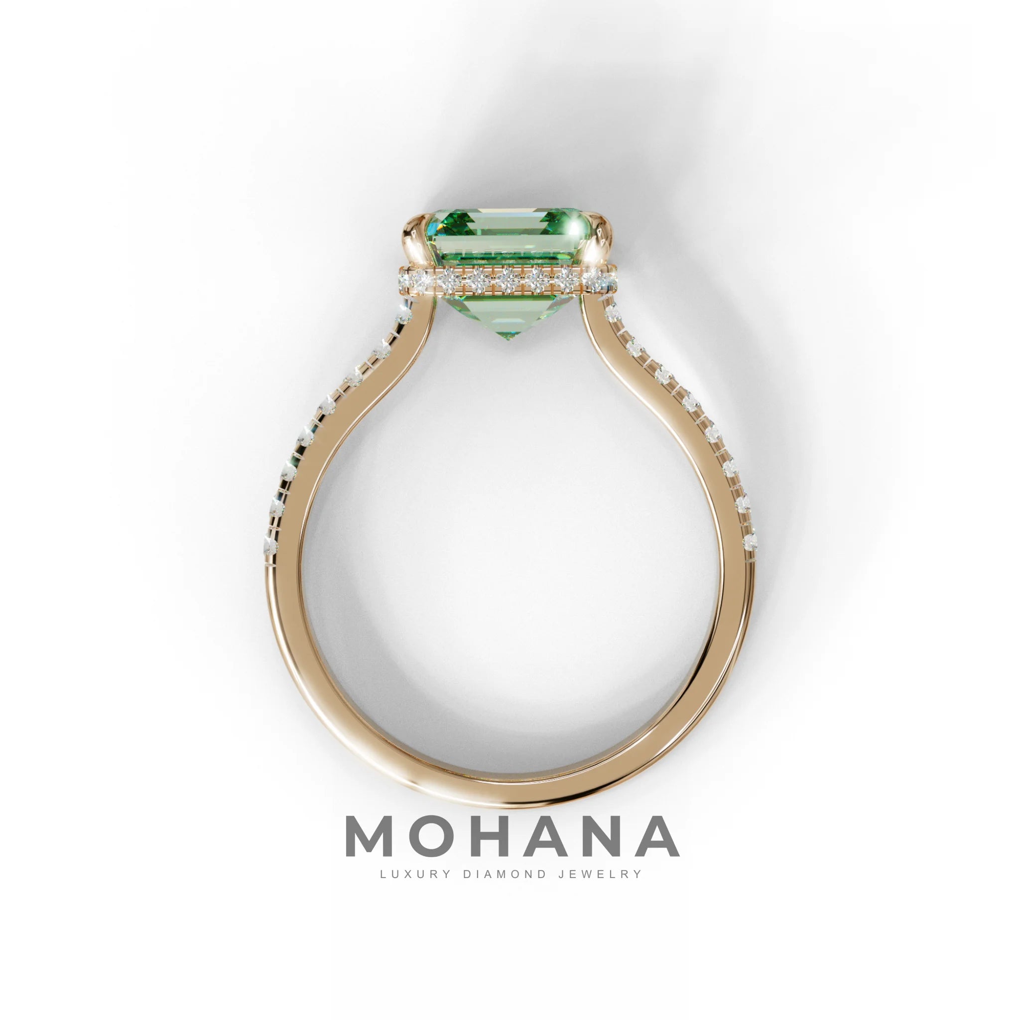 3.5 Carat Green Asscher‑Cut Lab Diamond Engagement Ring with Halo and Pavé Accents