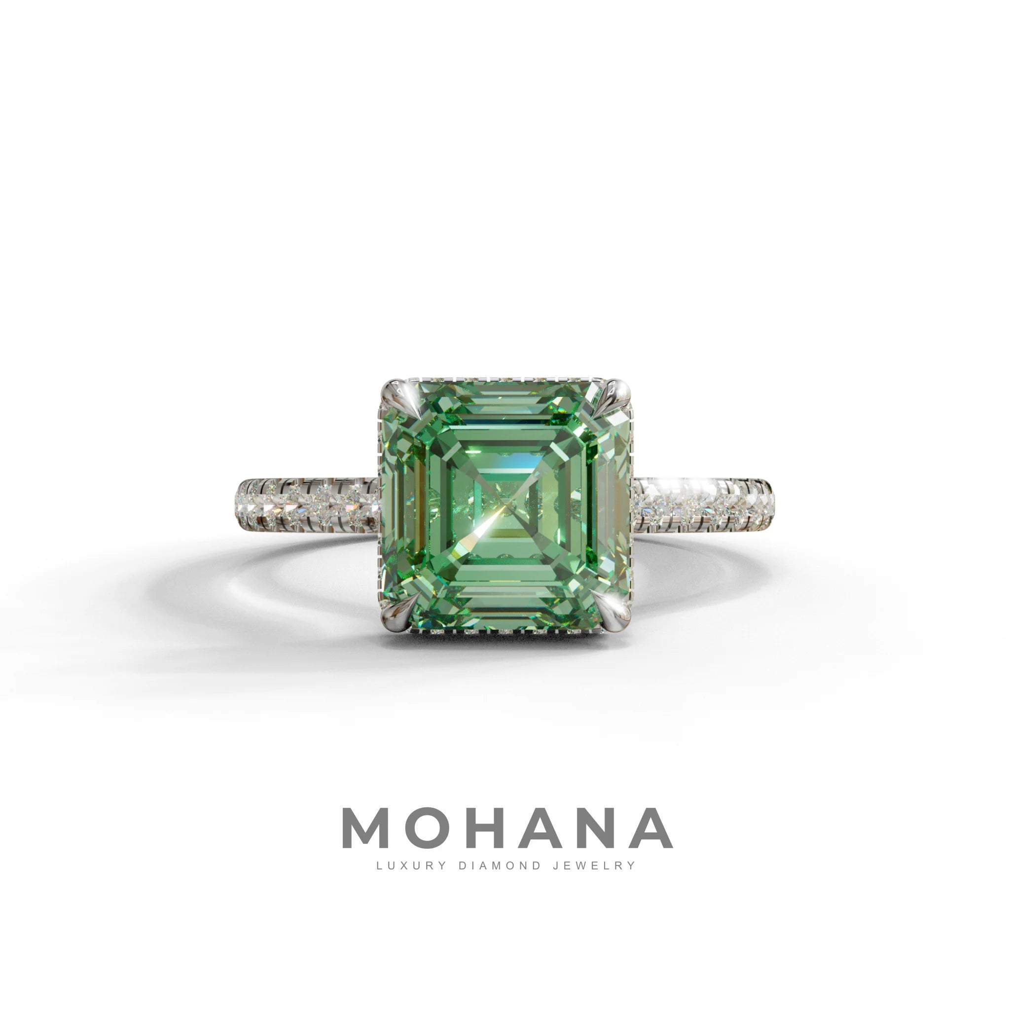 3.5 Carat Green Asscher‑Cut Lab Diamond Engagement Ring with Halo and Pavé Accents - 10K Solid Gold / White Gold