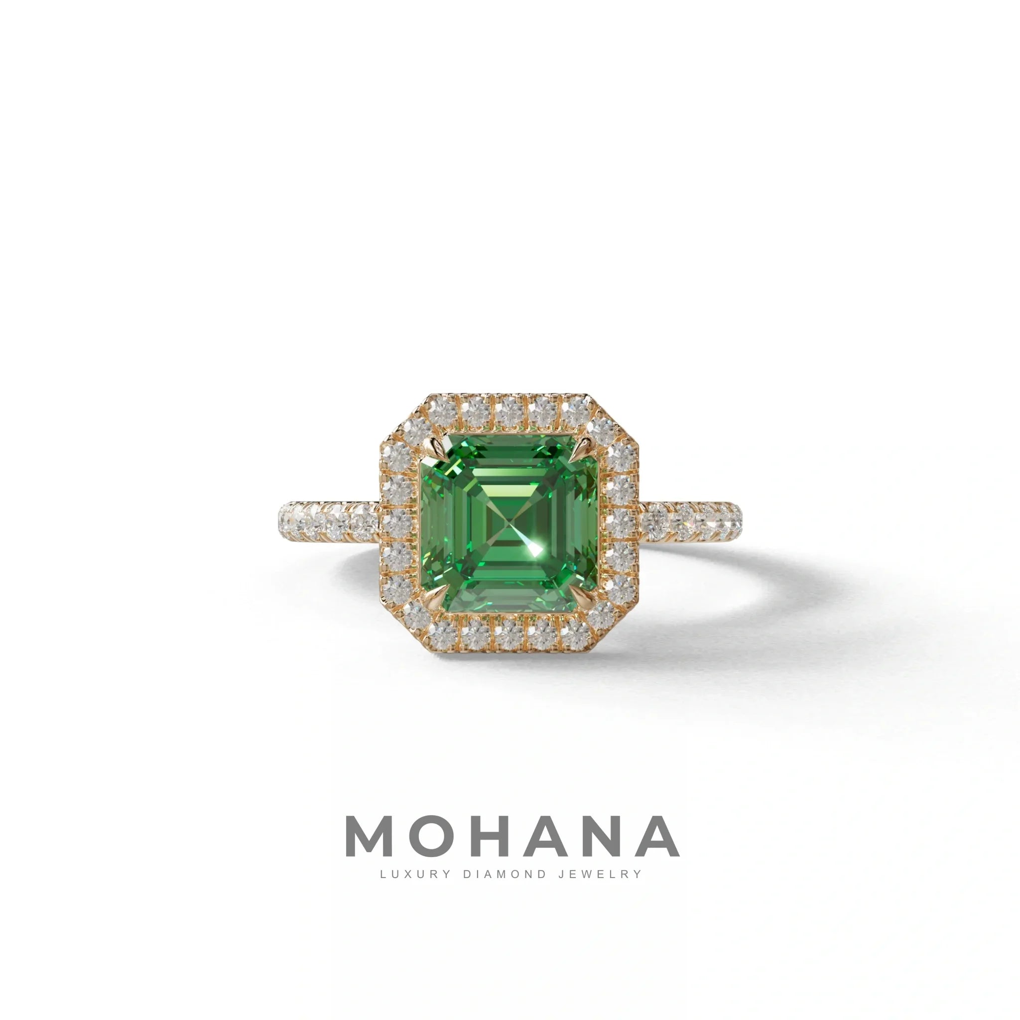 3.5 Ct Green Asscher Cut Lab Diamond In Halo & Pave Setting Ring - Up Glam - 10K Solid Gold / Rose Gold