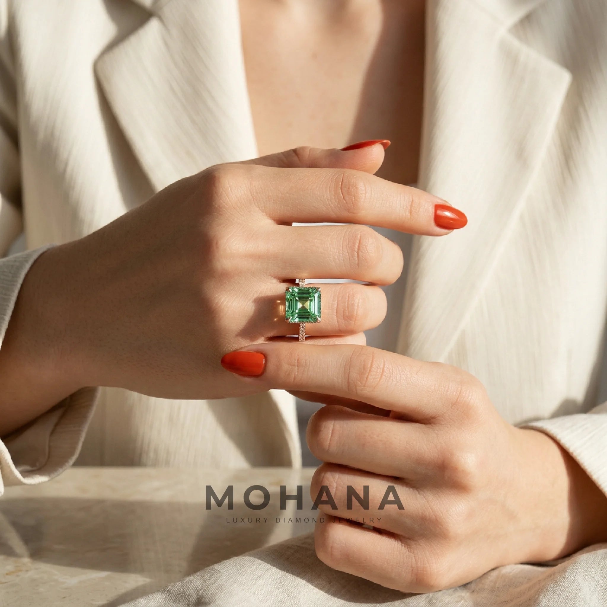 Lab-Grown Green Asscher-Cut Diamond Halo Engagement Ring | 3.5 CT
