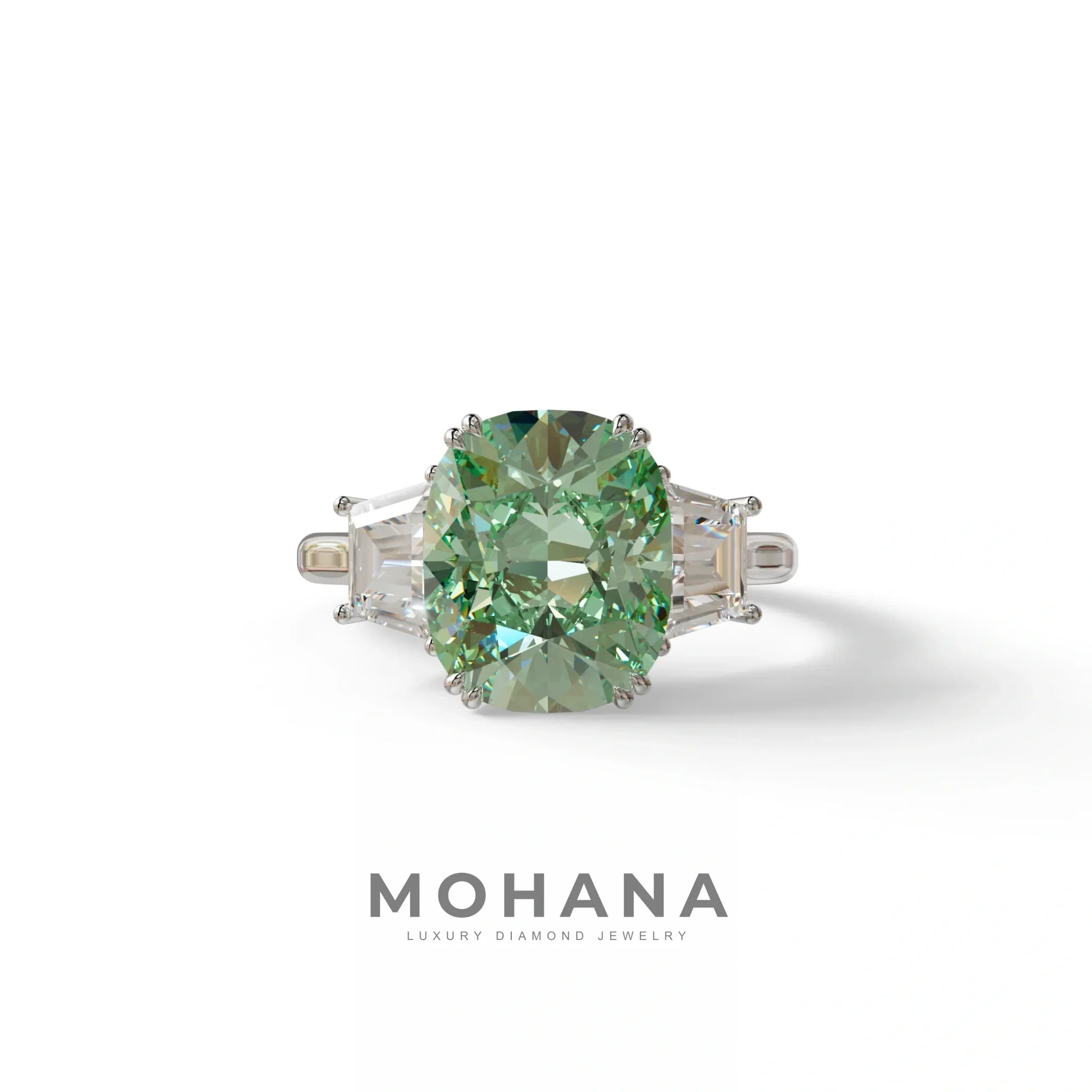 3.5 Carat Green Lab Grown Diamond Engagement Ring · Cushion Cut Three Stone | Trilogy - view 1