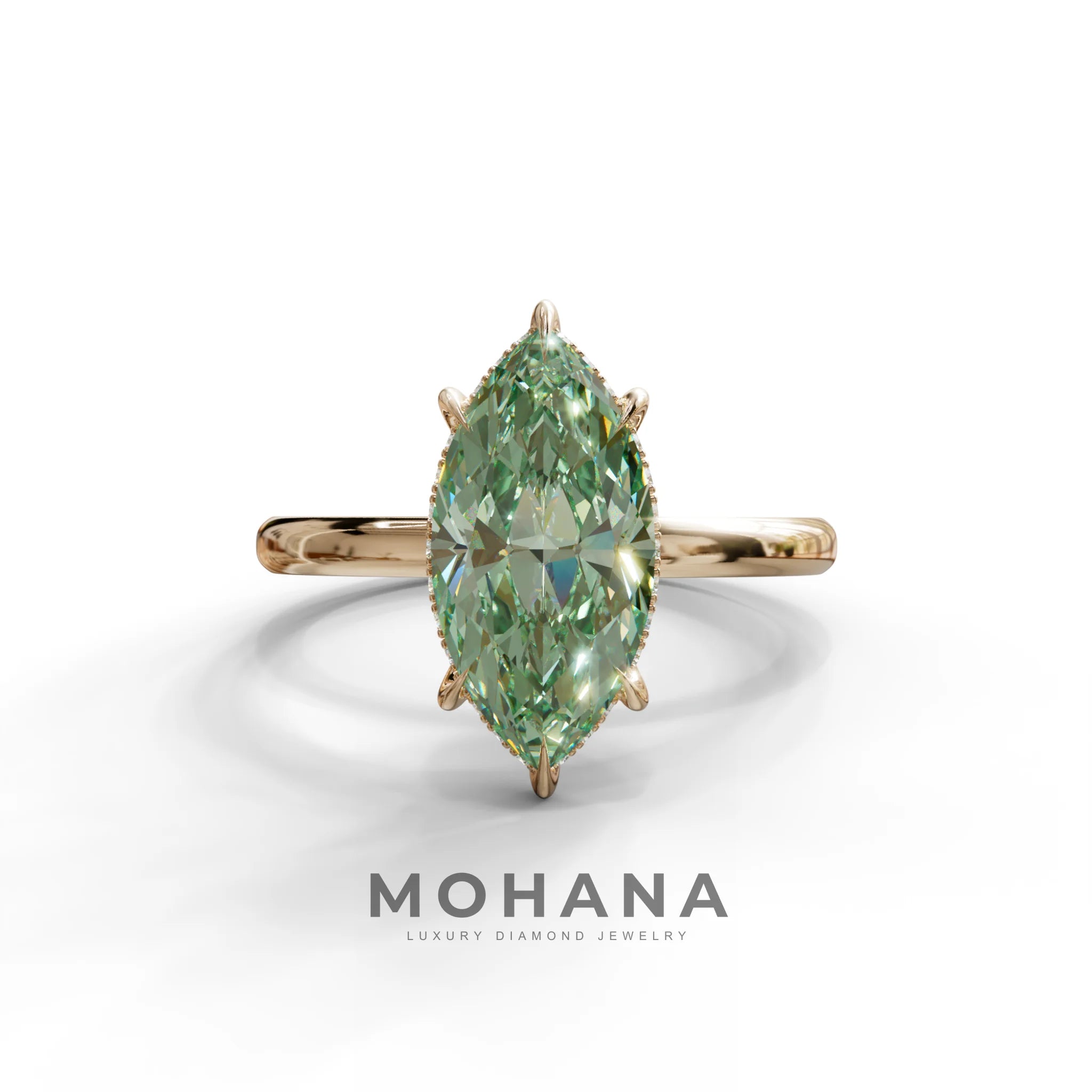 3 Carat Green Marquise Cut Hidden Halo & Claw Setting Lab Grown Diamond Ring -Meraviglioso - 10K Solid Gold / Rose Gold