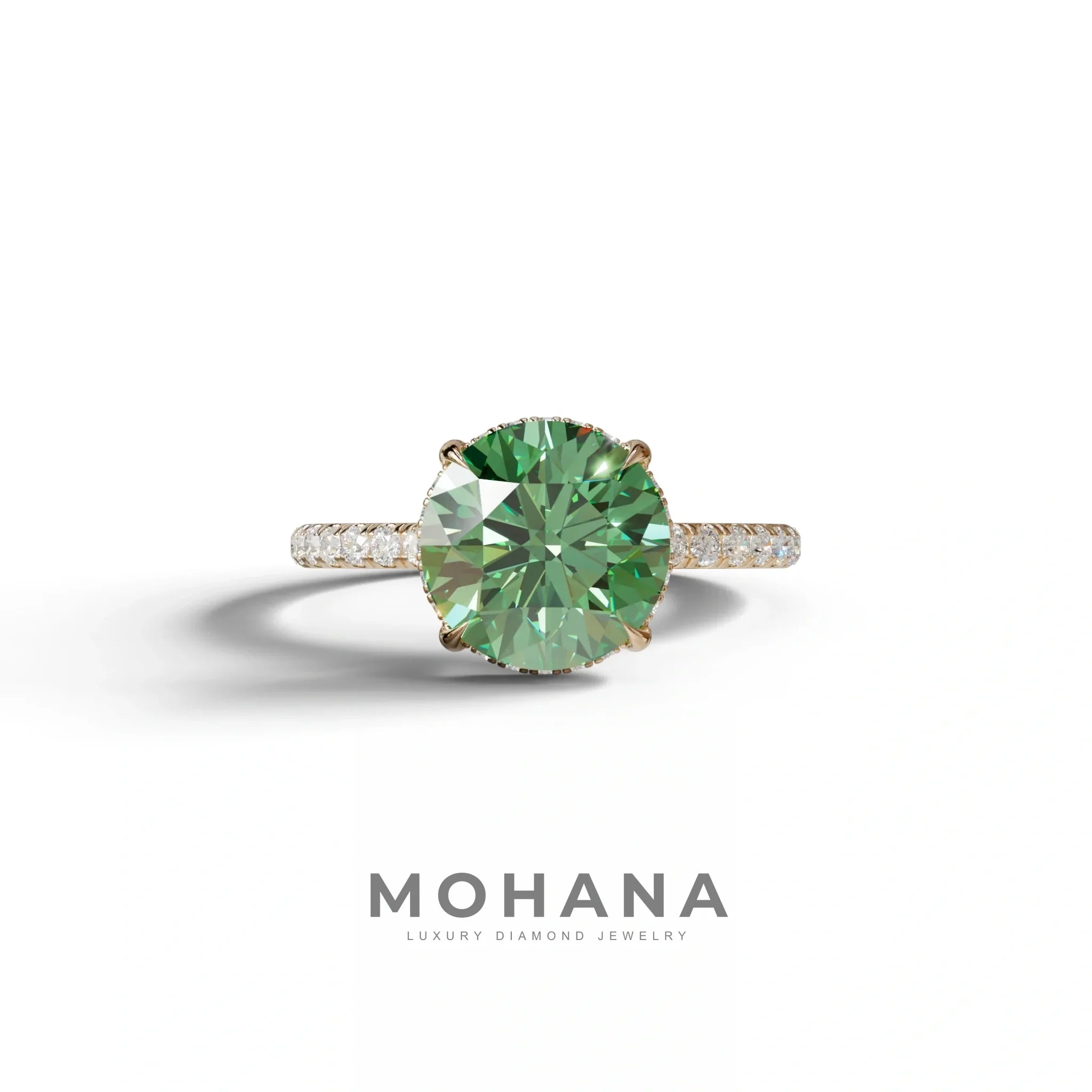 3.5 Carat Green Round Cut Lab Diamond Ring - Halo & Pave Setting Wedding Ring - 10K Solid Gold / Rose Gold