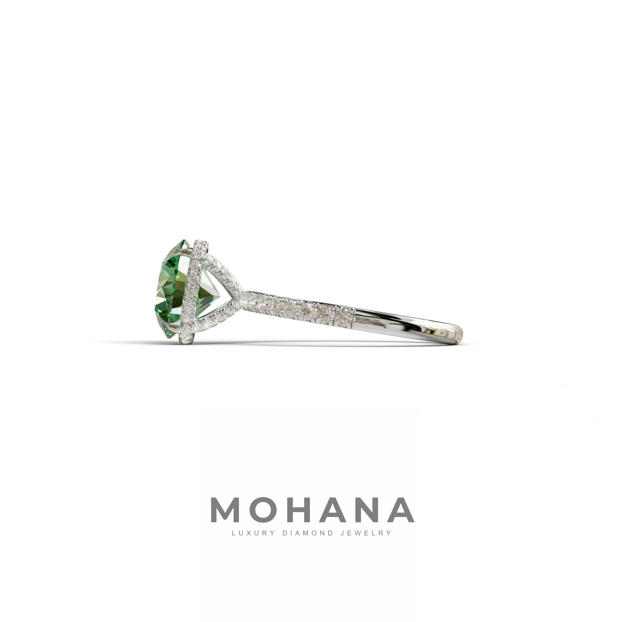 3.5 Carat Green Round Cut Lab Diamond Ring - Halo & Pave Setting Wedding Ring