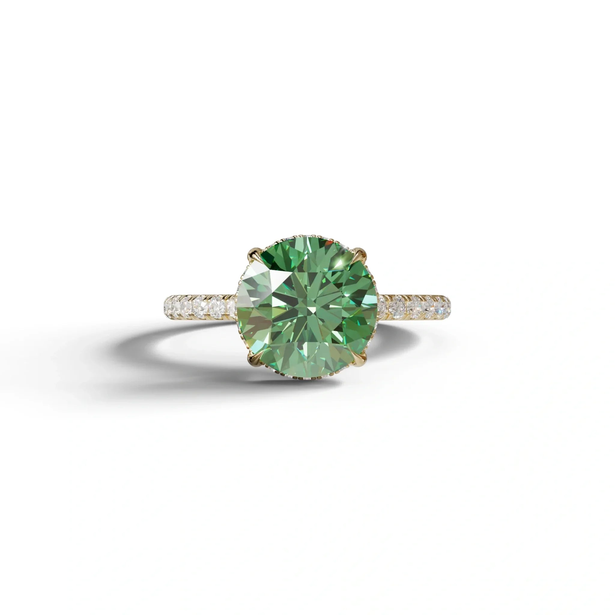 3.5 Carat Green Round Cut Lab Diamond Ring - Halo & Pave Setting Wedding Ring - 10K Solid Gold / Yellow Gold