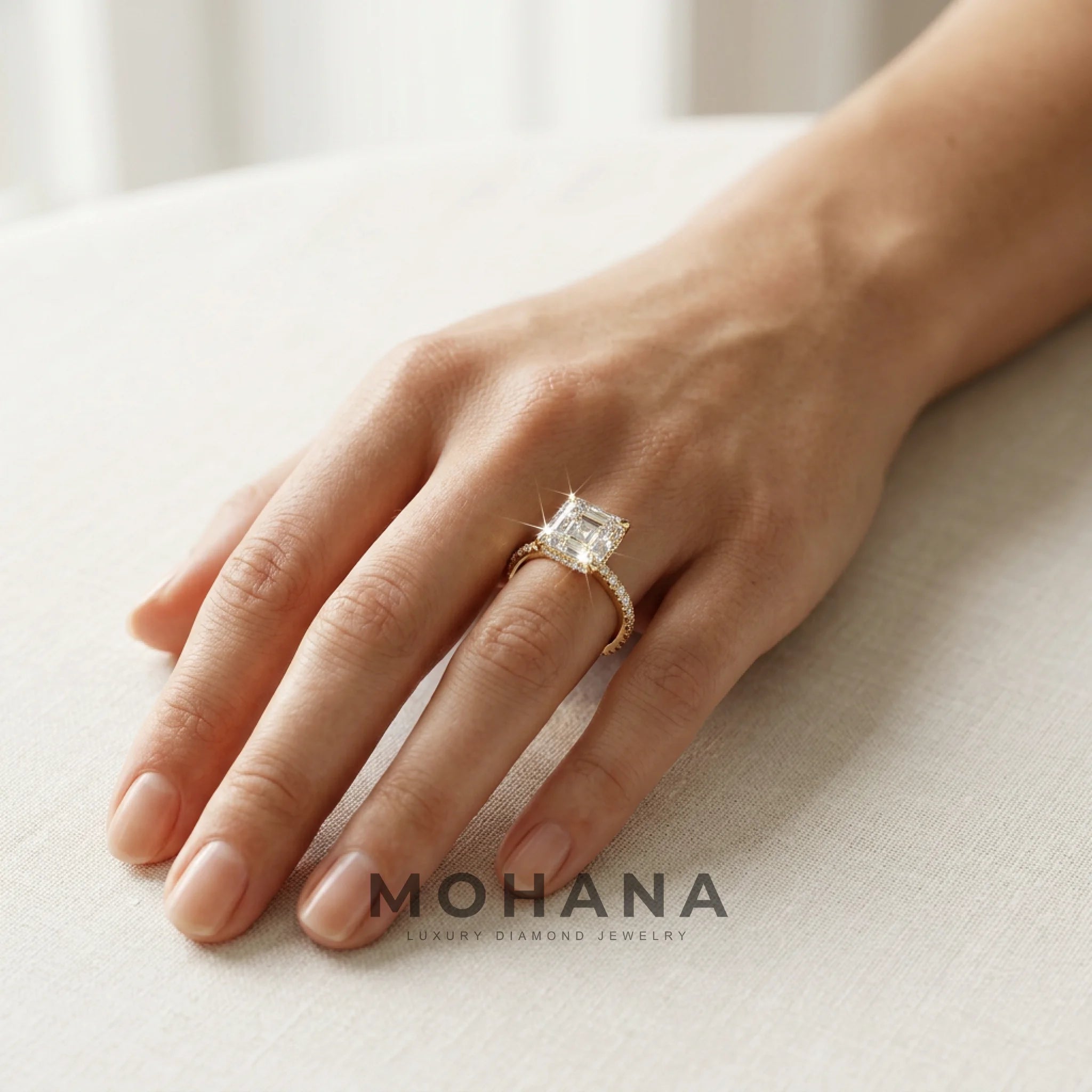 Lab-Grown E-VVS Asscher-Cut Diamond Halo Engagement Ring | 3.5 CT