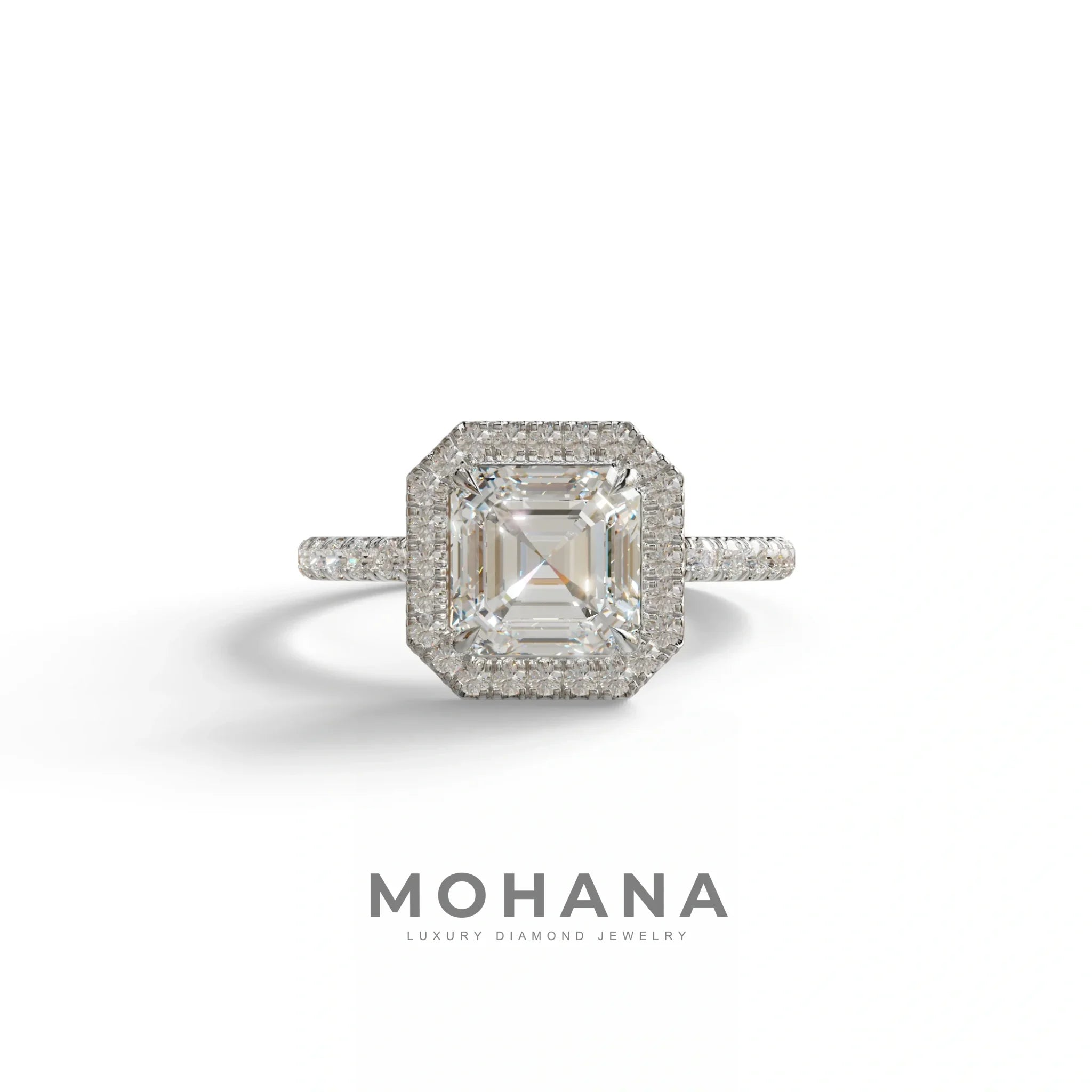 3.5 Ct E - VVS Asscher Cut Lab Diamond Halo & Pave Setting Ring - Up Glam - 10K Solid Gold / White Gold
