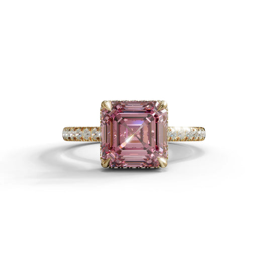 3.5 Carat Pink Asscher‑Cut Lab Diamond Engagement Ring with Halo and Pavé Accents - 10K Solid Gold / Yellow Gold
