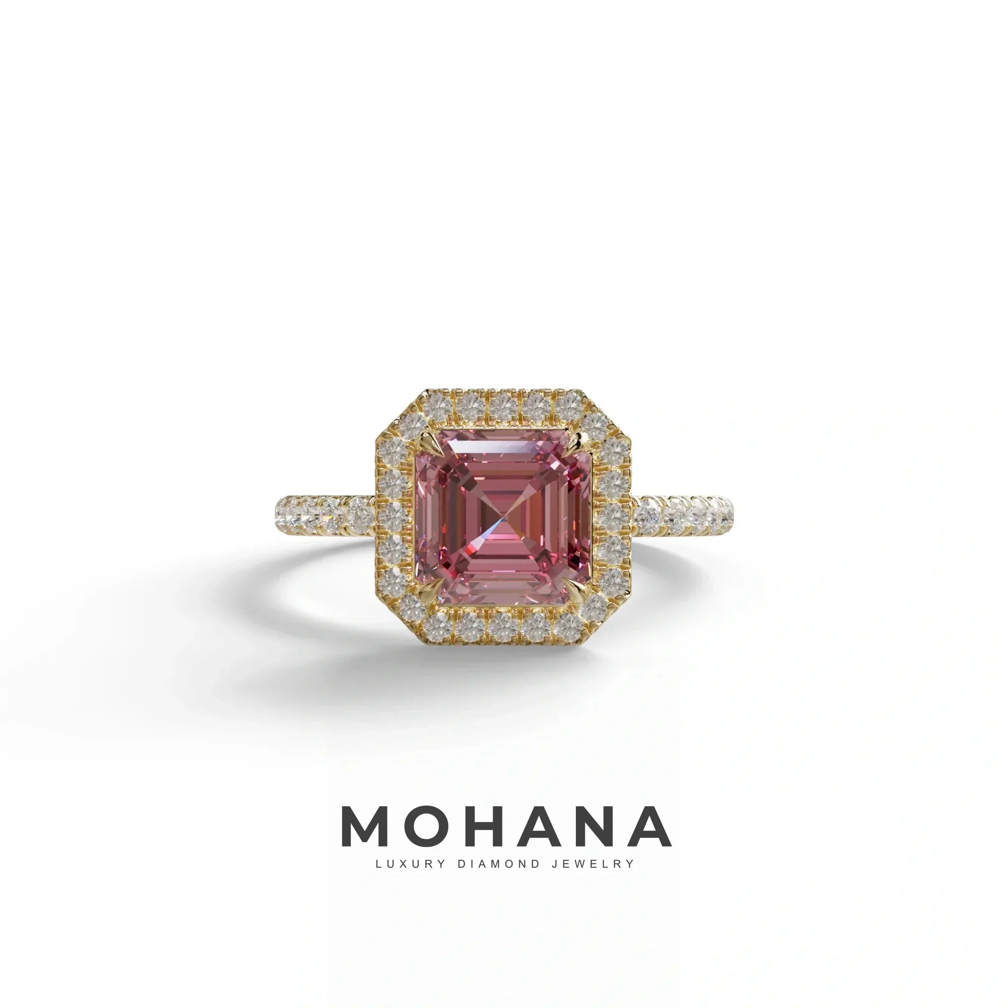 3.5 Ct Pink Asscher Cut Lab Diamond In Halo & Pave Setting Ring - Up Glam - 10K Solid Gold / Yellow Gold