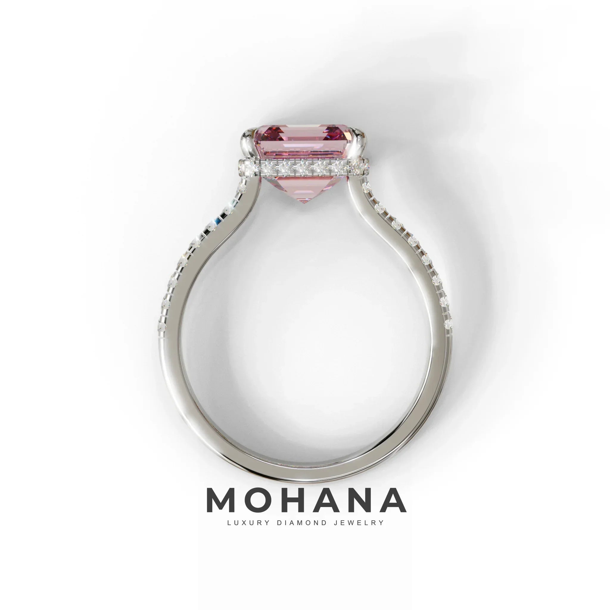 3.5 Carat Pink Asscher‑Cut Lab Diamond Engagement Ring with Halo and Pavé Accents