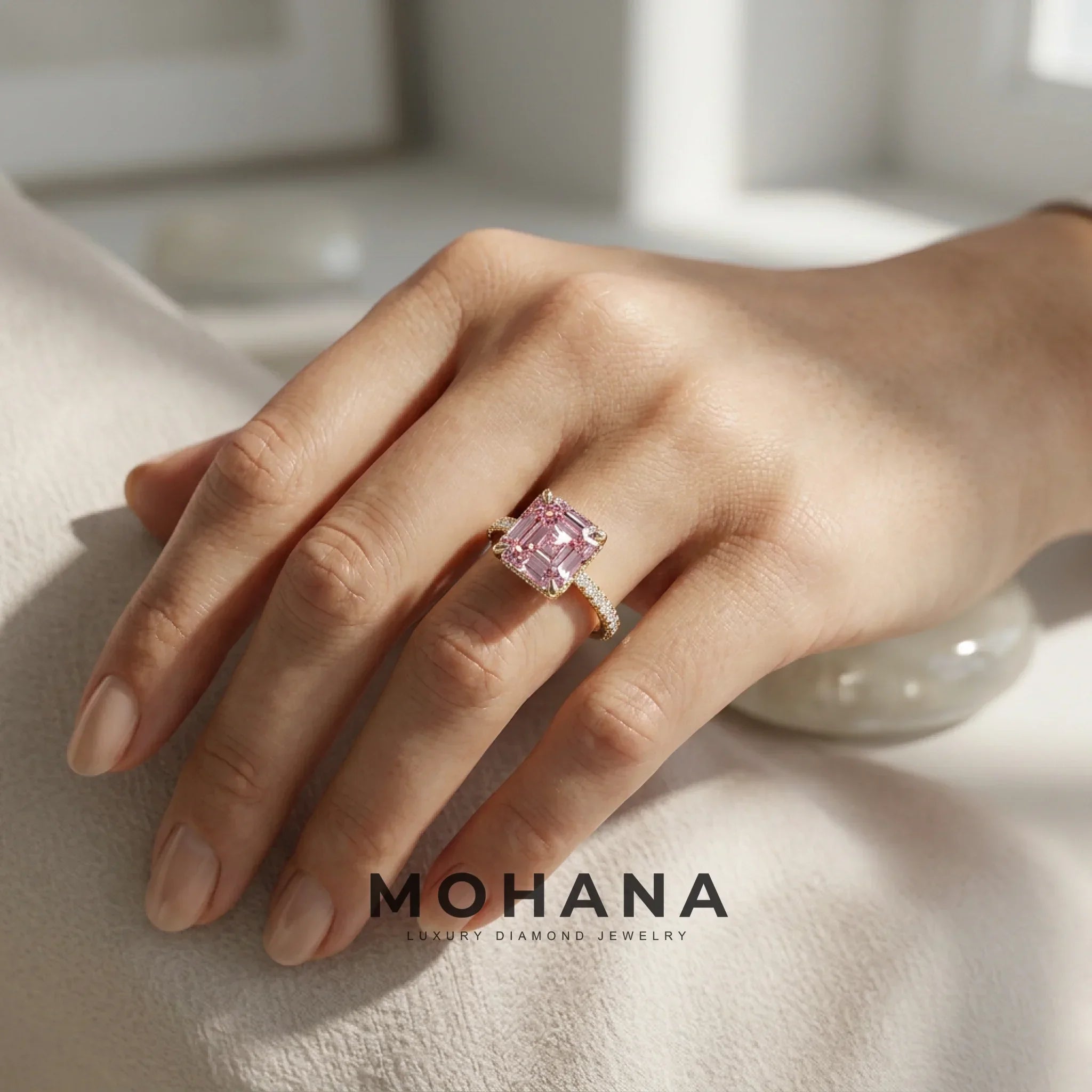 Lab-Grown Pink Asscher-Cut Diamond Halo Engagement Ring | 3.5 CT