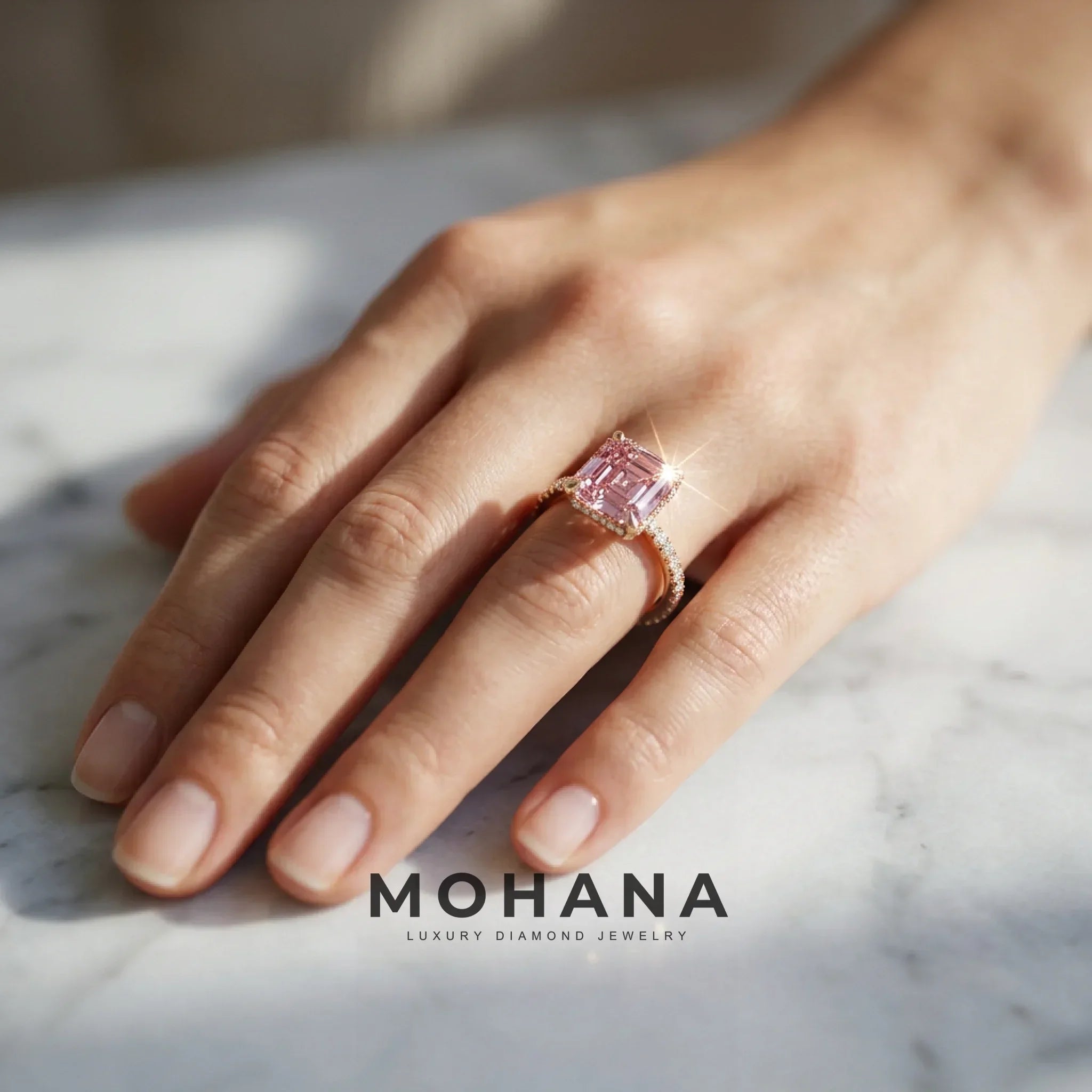 Lab-Grown Pink Asscher-Cut Diamond Halo Engagement Ring | 3.5 CT