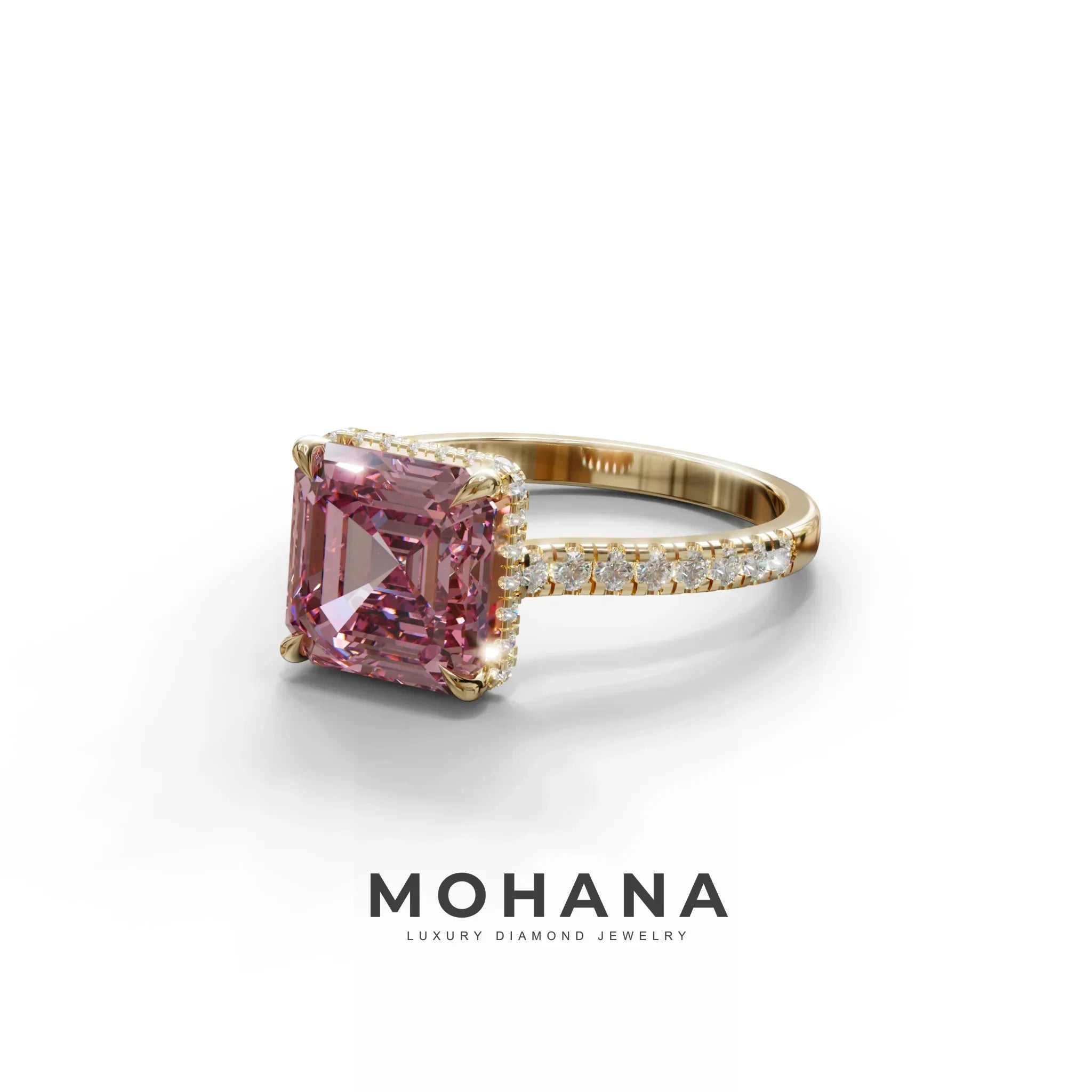 3.5 Carat Pink Asscher‑Cut Lab Diamond Engagement Ring with Halo and Pavé Accents
