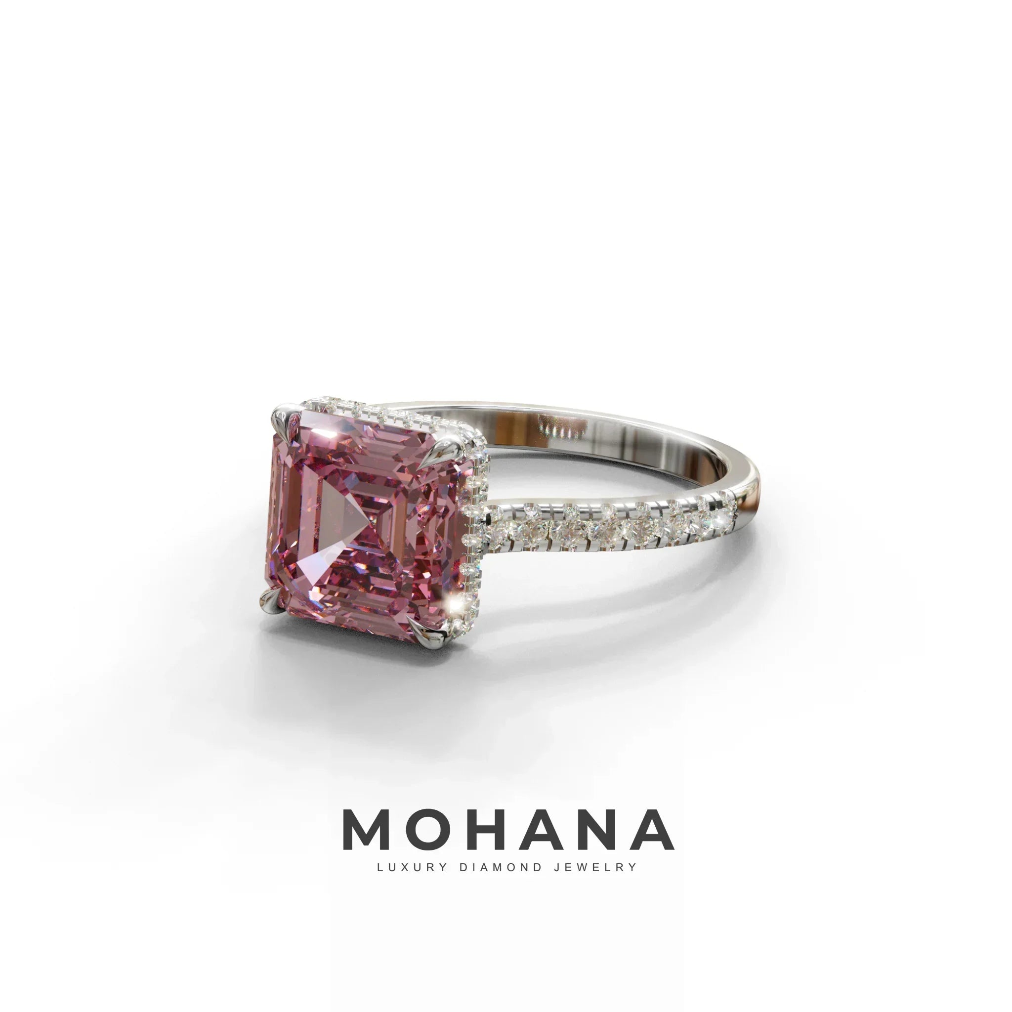 3.5 Carat Pink Asscher‑Cut Lab Diamond Engagement Ring with Halo and Pavé Accents