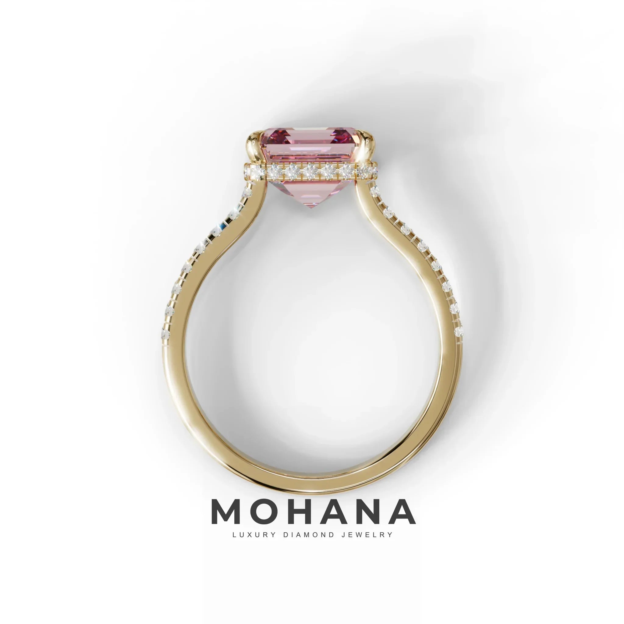 3.5 Carat Pink Asscher‑Cut Lab Diamond Engagement Ring with Halo and Pavé Accents