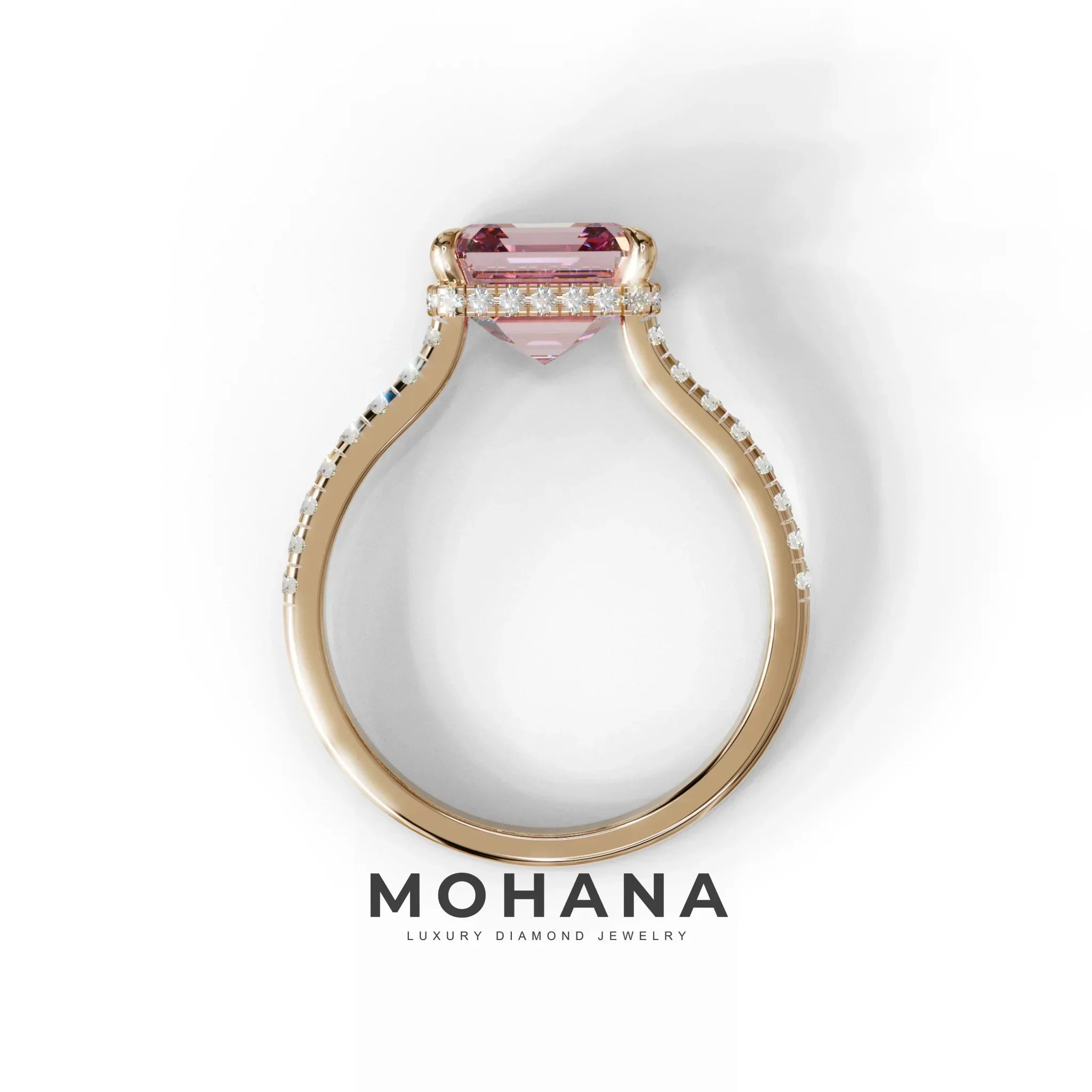 3.5 Carat Pink Asscher‑Cut Lab Diamond Engagement Ring with Halo and Pavé Accents