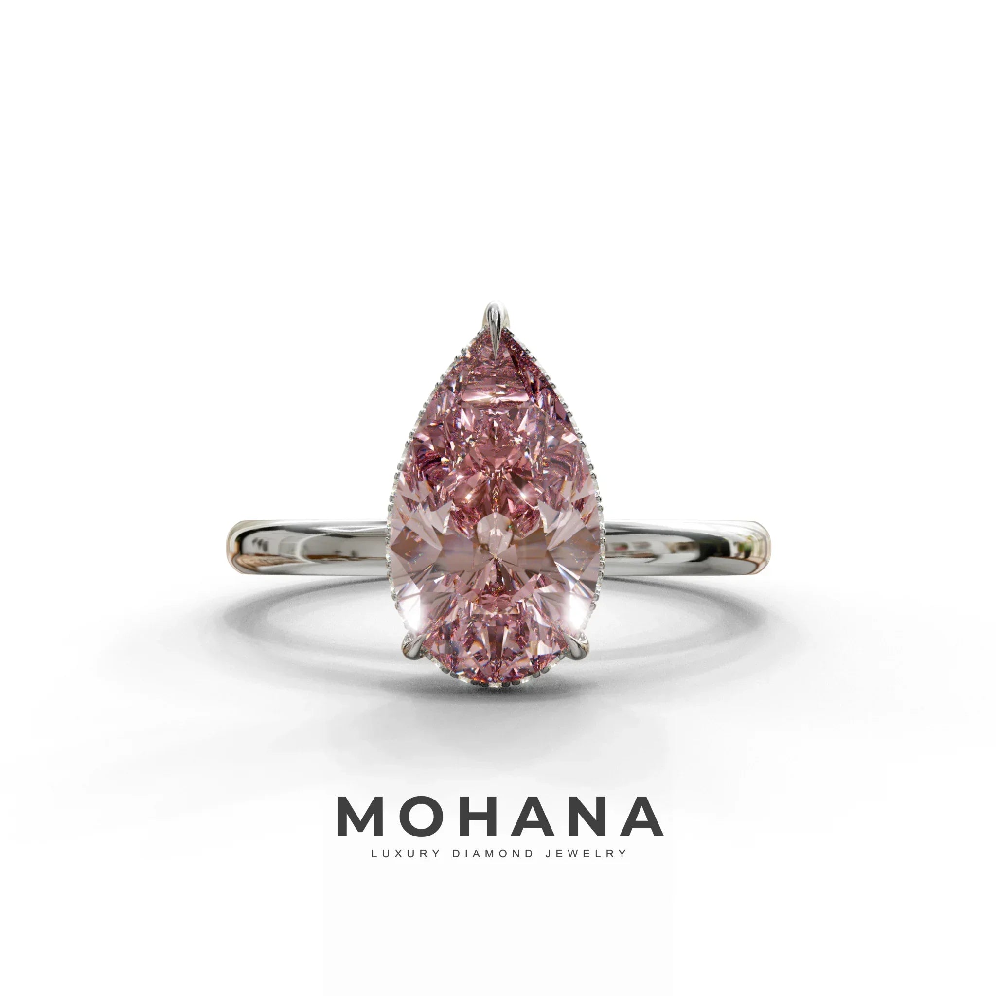 3.5 Carat Pink Pear Cut Hidden Halo Lab Grown Diamond Ring - 10K Solid Gold / White Gold