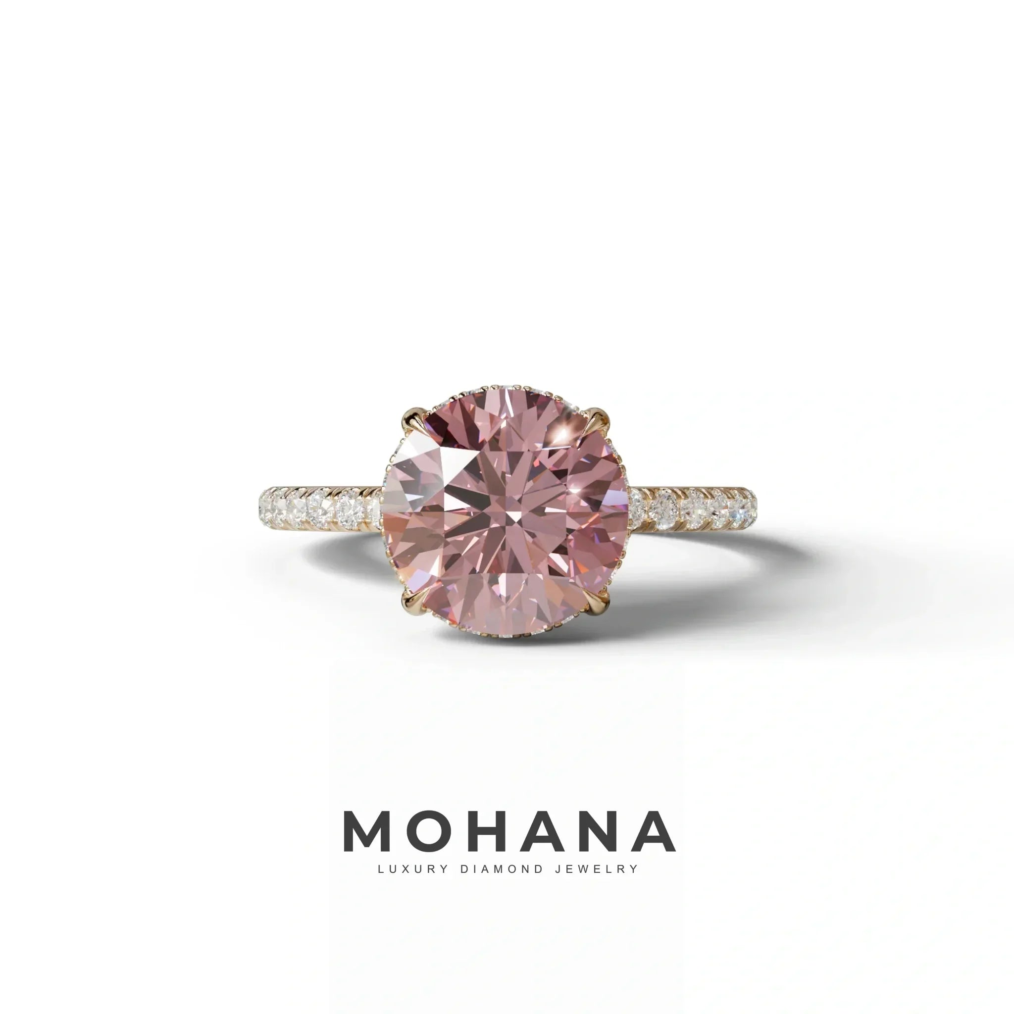 3.5 Carat Pink Round Cut Lab Diamond Ring - Halo & Pave Setting Wedding Ring - 10K Solid Gold / Rose Gold