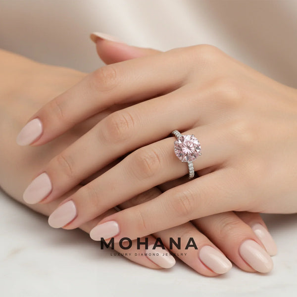 3.5 Carat Pink Lab Grown Diamond Engagement Ring – Round Cut Halo & Pavé alternate view