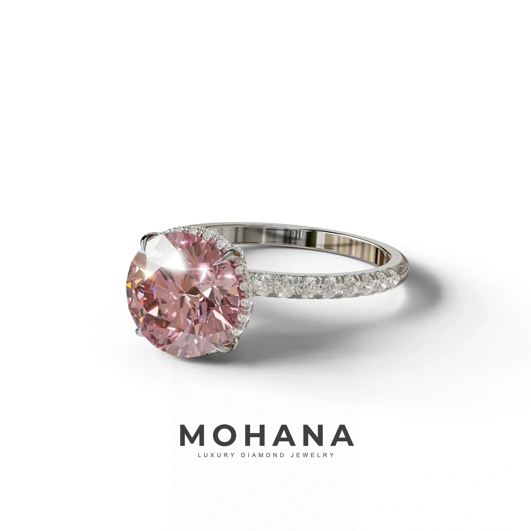 3.5 Carat Pink Round Cut Lab Diamond Ring - Halo & Pave Setting Wedding Ring