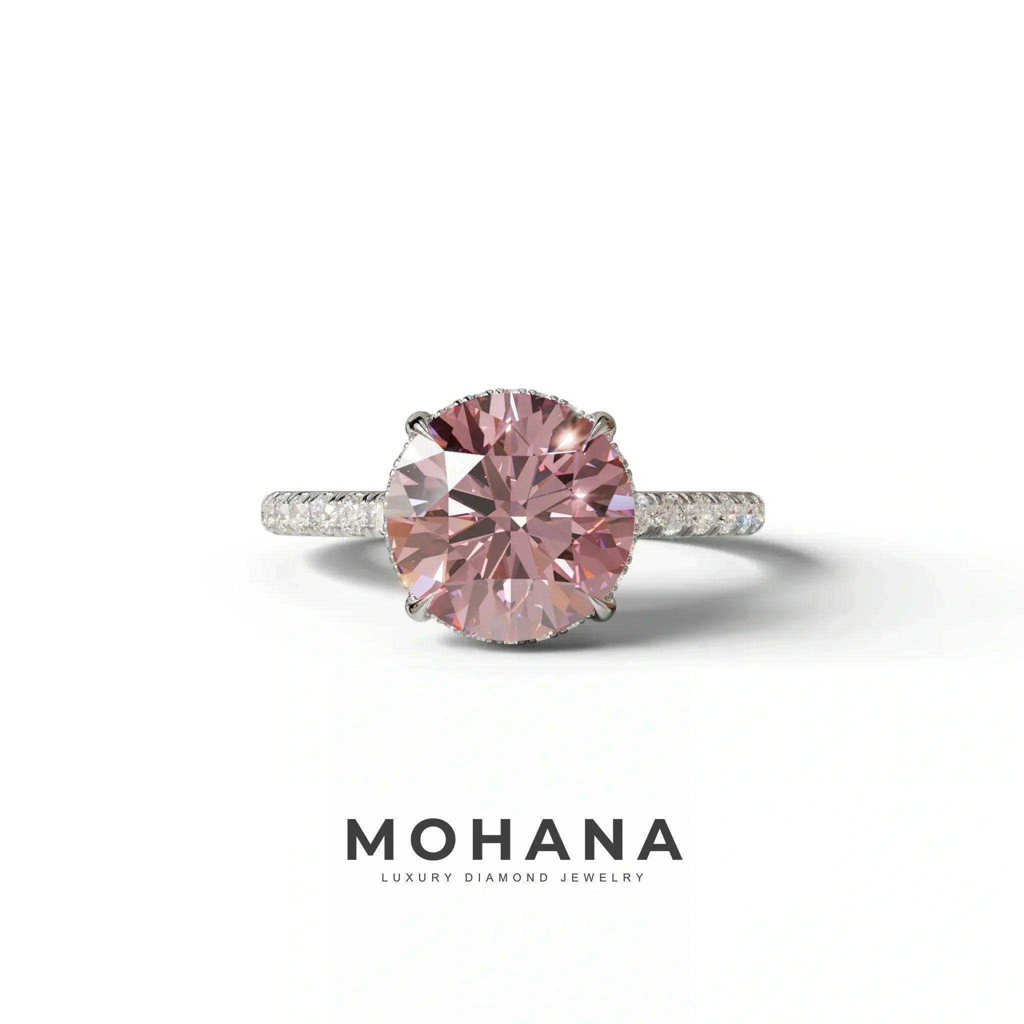 3.5 Carat Pink Round Cut Lab Diamond Ring - Halo & Pave Setting Wedding Ring - 10K Solid Gold / White Gold
