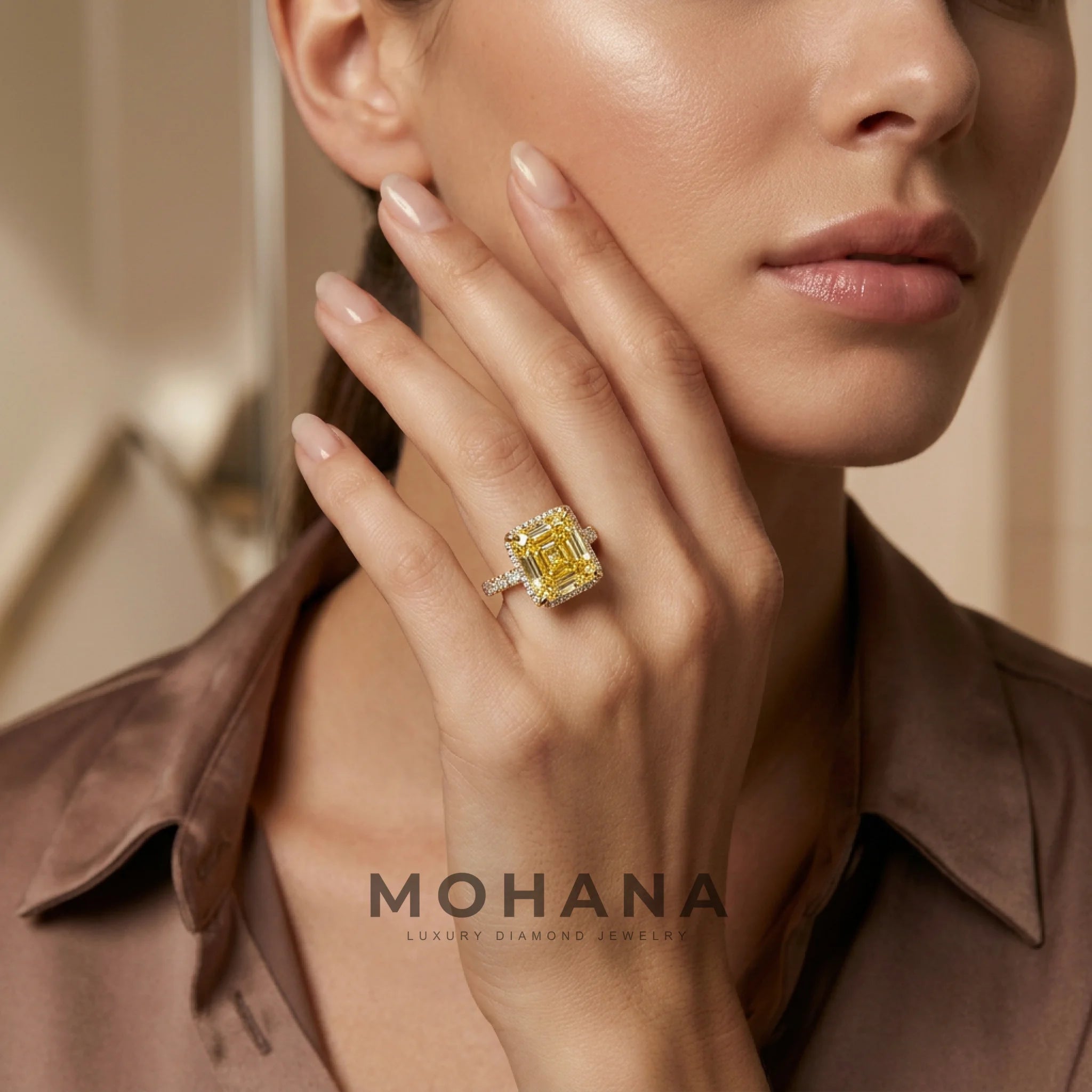 Lab-Grown Yellow Asscher-Cut Diamond Halo Engagement Ring | 3.5 CT