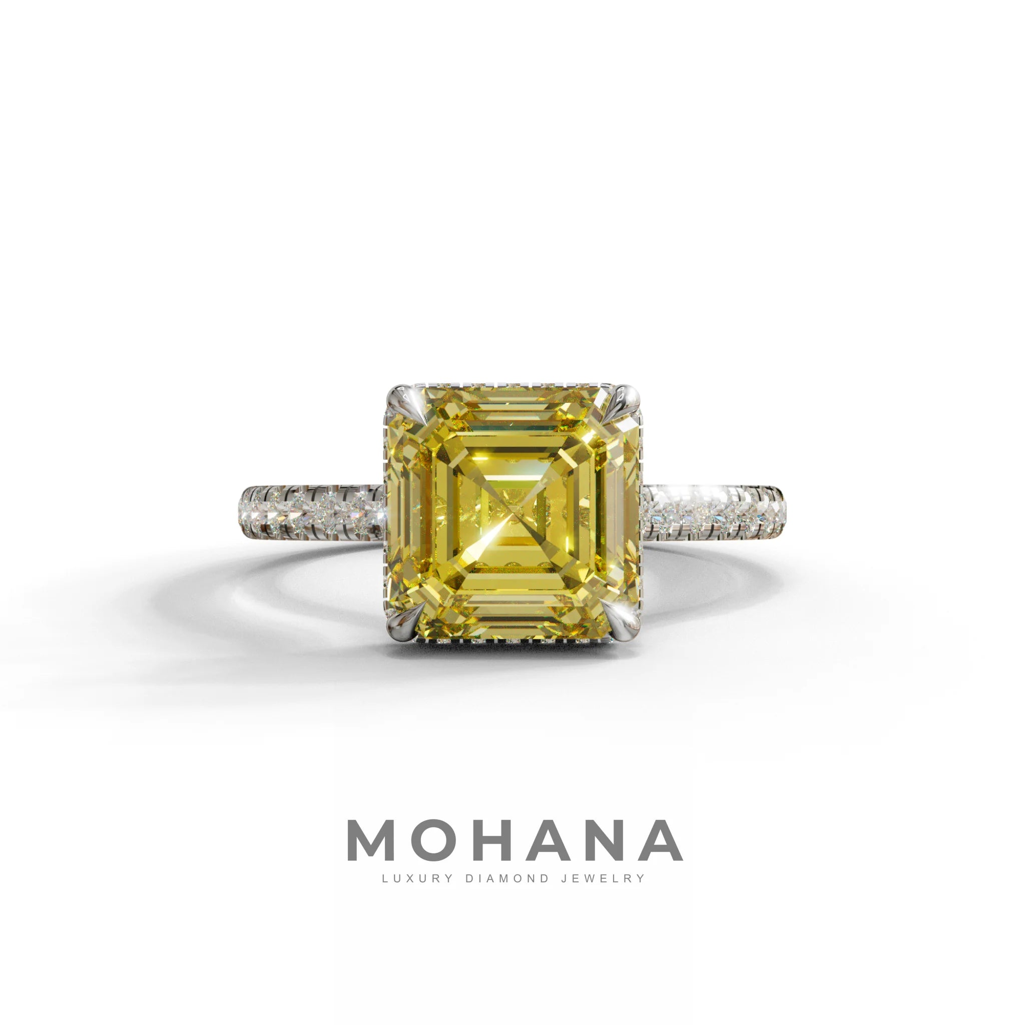 3.5 Carat Yellow Asscher‑Cut Lab Diamond Engagement Ring with Halo and Pavé Accents - 10K Solid Gold / White Gold