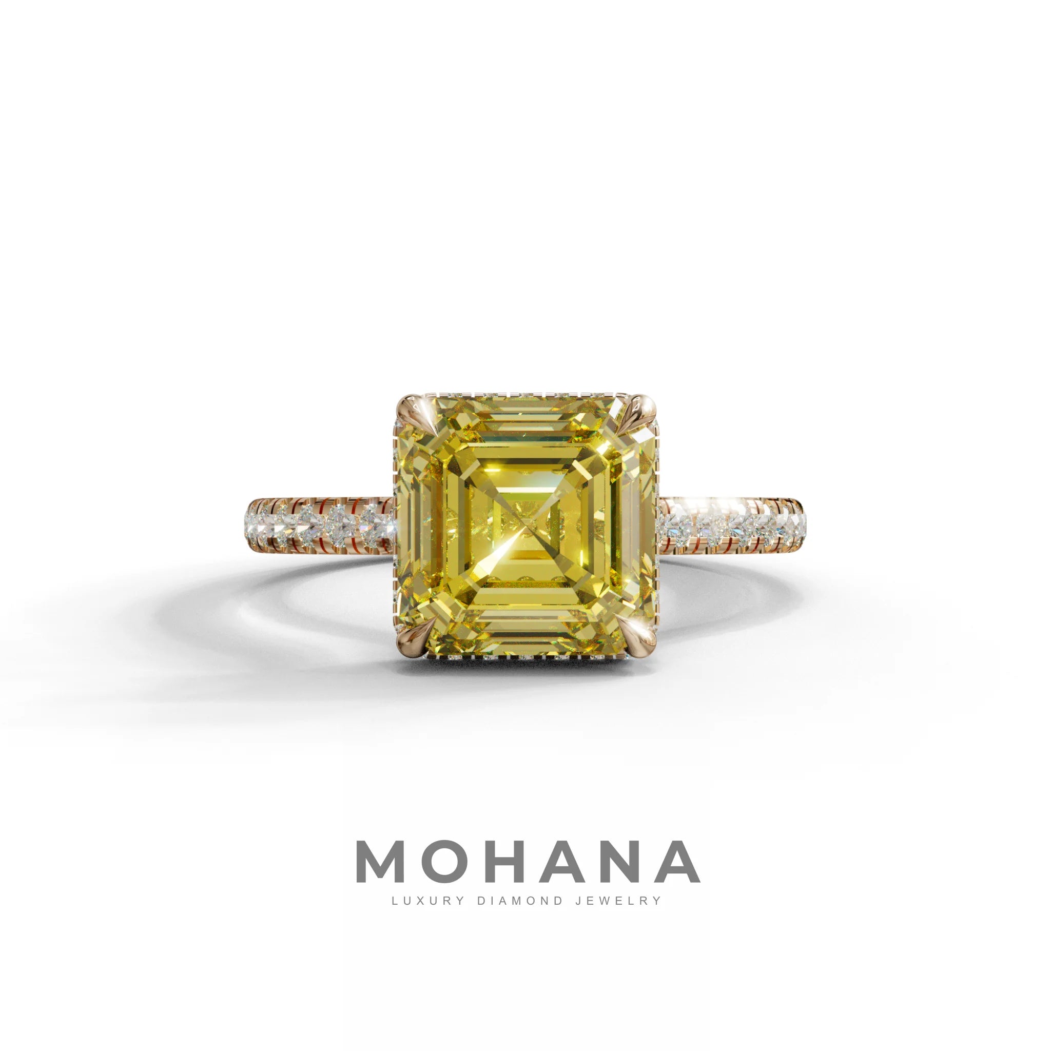 3.5 Carat Yellow Asscher‑Cut Lab Diamond Engagement Ring with Halo and Pavé Accents - 10K Solid Gold / Rose Gold